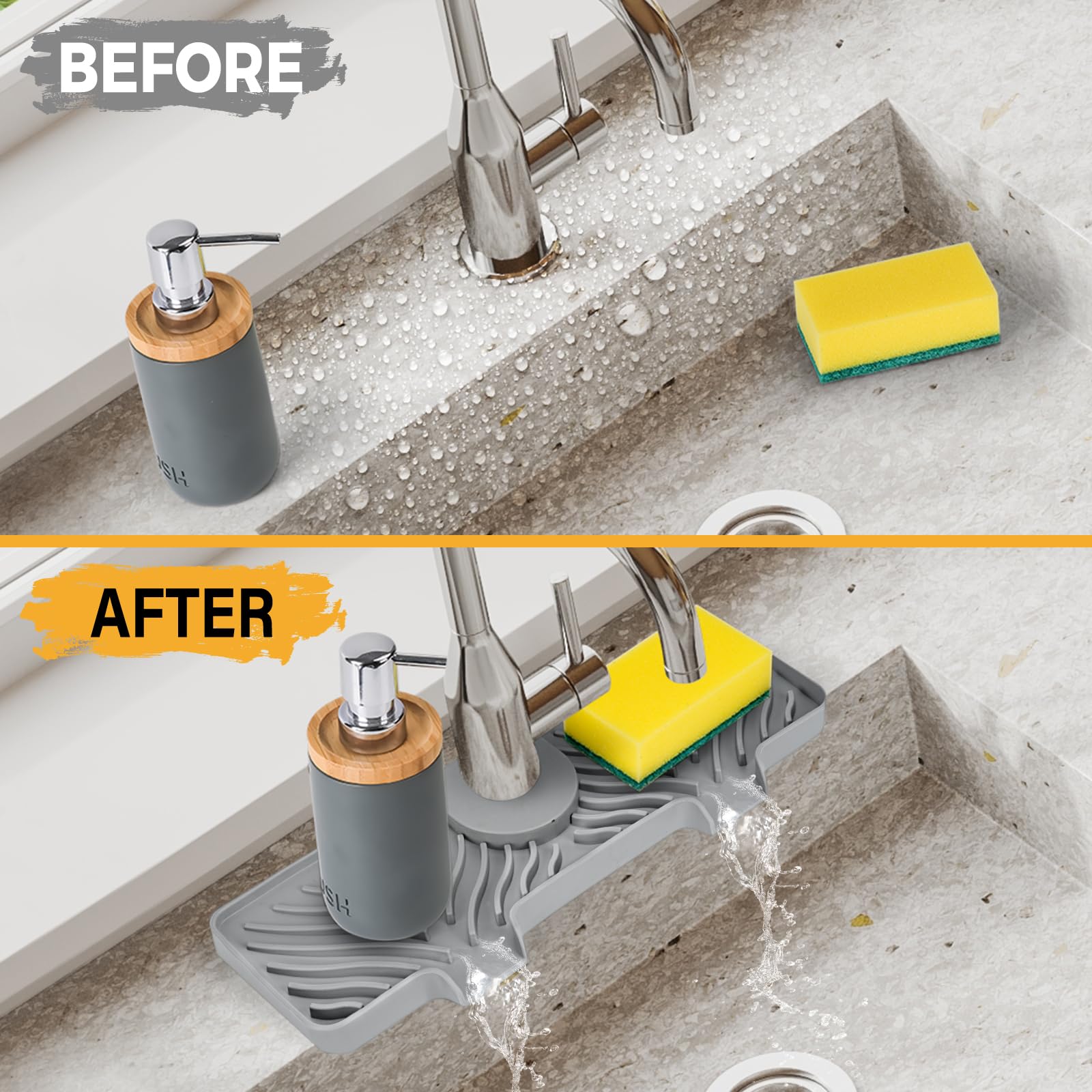 **Non-Slip Silicone Faucet Splash Guard - 15 Inch Kitchen Sink Protector with 5 Adjustable Rubber Rings, Light Gray Sink Mat for Water Splash Prevention - Perfect for Kitchen & Bathroom Sinks (Ideal for Washing Dishes, Brushing Teeth & Handwashing)**