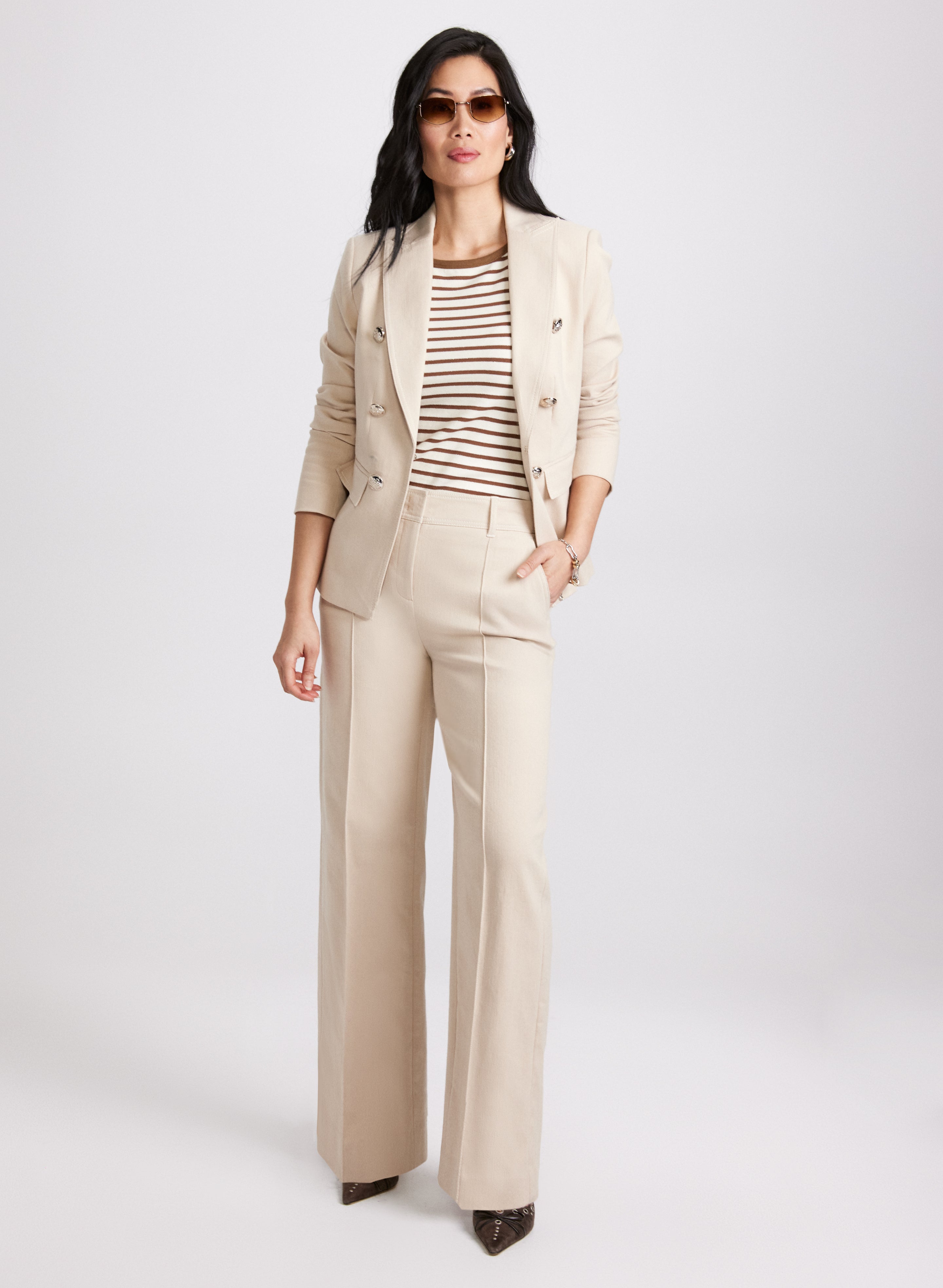 Stylish Denim Double Breasted Blazer & Olivia Wide Leg Pants Set for Women | Office Wear, Business Casual Outfits, and Professional Work Attire