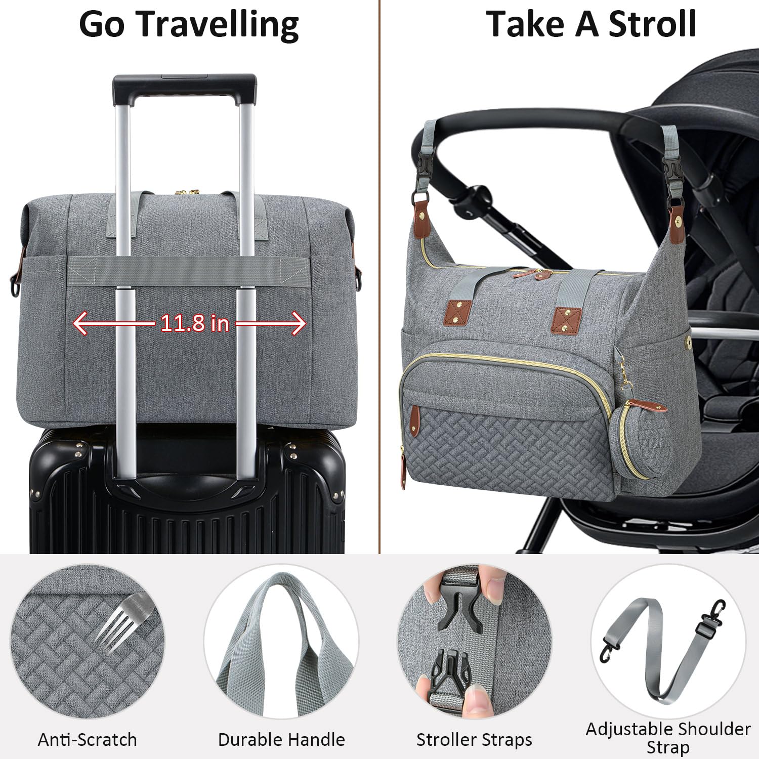 Stylish Grey Diaper Bag Tote for Moms & Dads - Waterproof Baby Travel Bag with Pacifier Case & Multiple Pockets - Perfect for Hospital Visits, Daycare Trips & Family Outings
