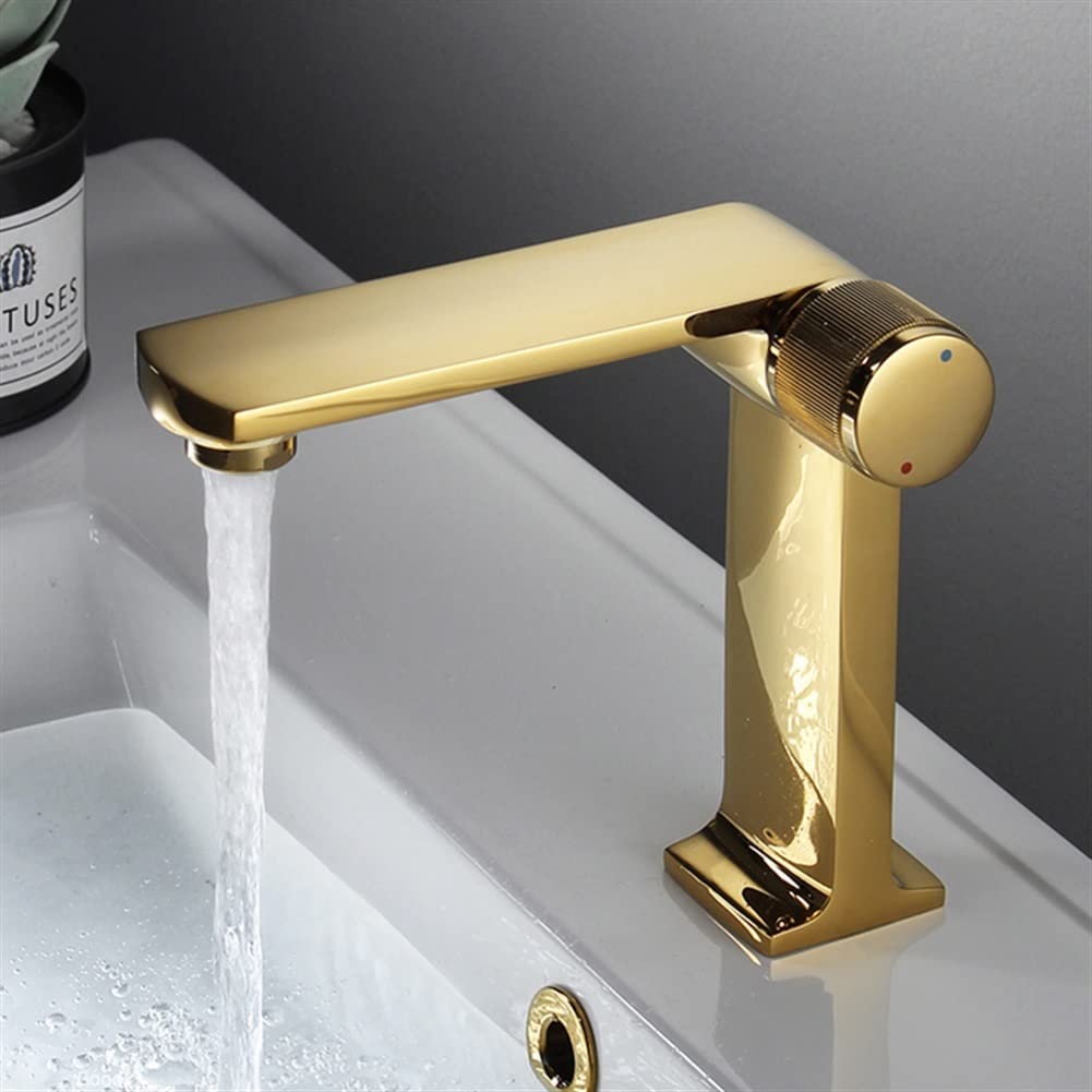 Brushed Gold Single Handle Deck Mounted Bathroom Sink Faucet - Hot and Cold Water Mixer Tap for Basin - Modern Bathroom Upgrade (Perfect for Home Renovation & Guest Bathrooms)