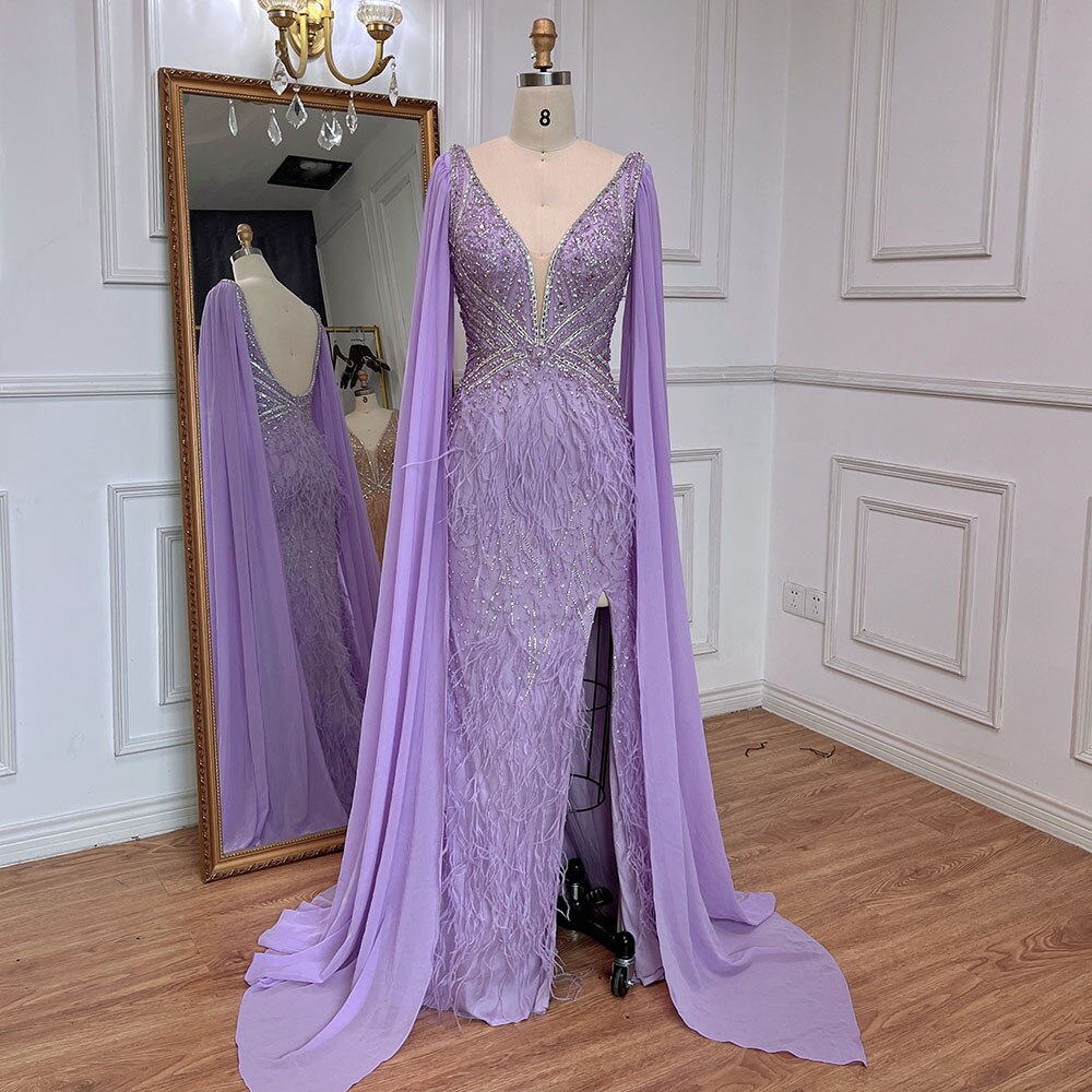 Elegant Blue Mermaid Evening Gown with Cape Sleeves & Beaded Feather Details - Luxury Women's Party Dress for Prom, Gala & Formal Events 2025 | Serene Hill Collection LA71583A