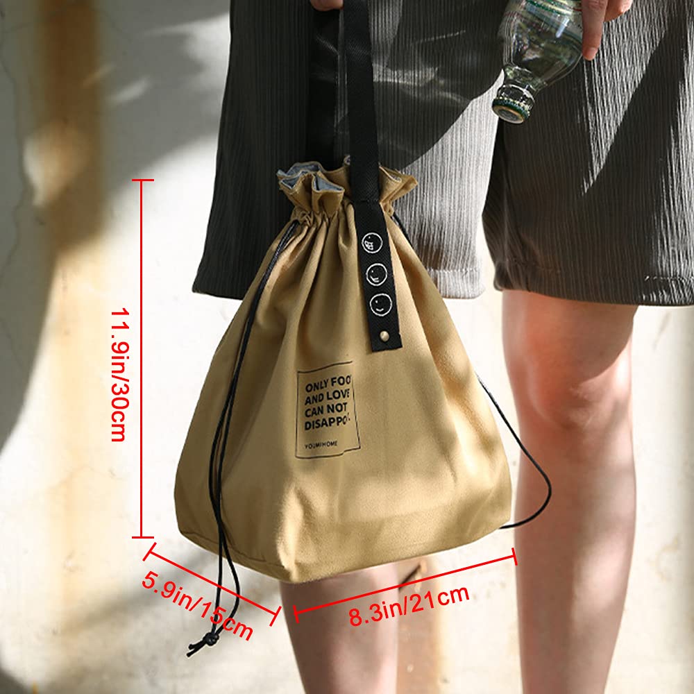 Insulated Canvas Lunch Bag with Drawstring Closure - Foldable Lightweight Cooler Tote for Work, Office & Picnic - Yellow Lunch Box for Adults & Kids - Perfect for School, Travel & Outdoor Activities