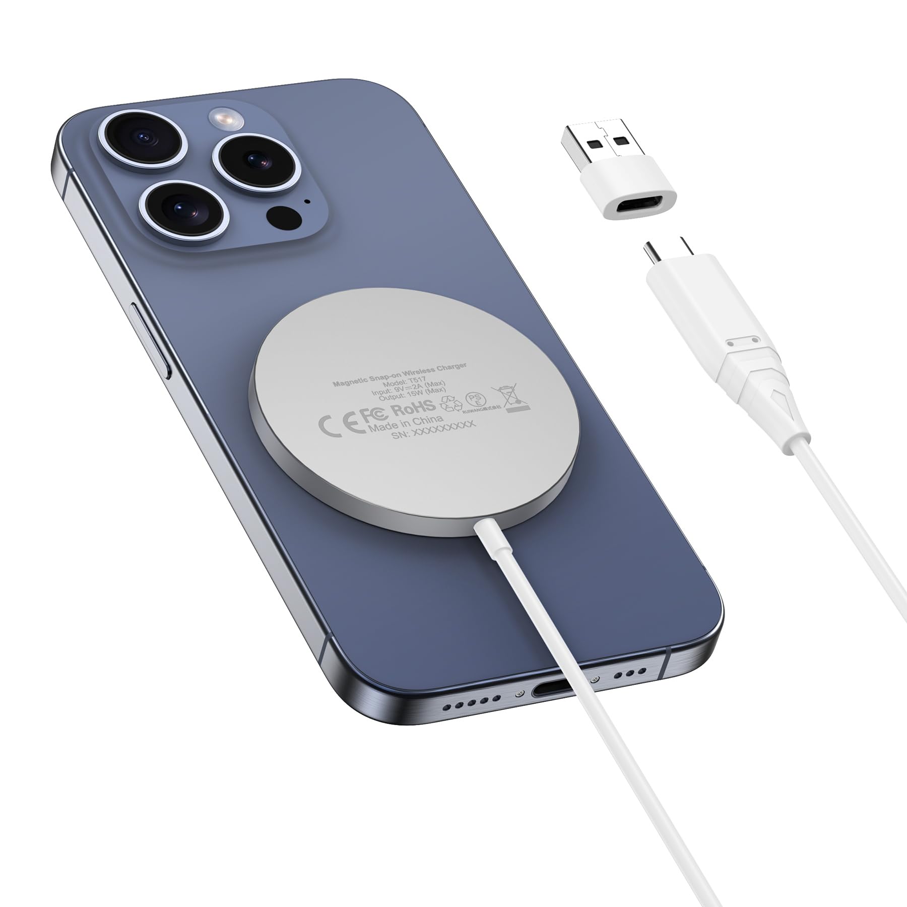 20W Fast Magnetic Wireless Charger with USB-C Adapter - MagSafe Compatible Charging Pad for iPhone 12/13/14/15 & AirPods - Perfect for Home, Office and Travel Use