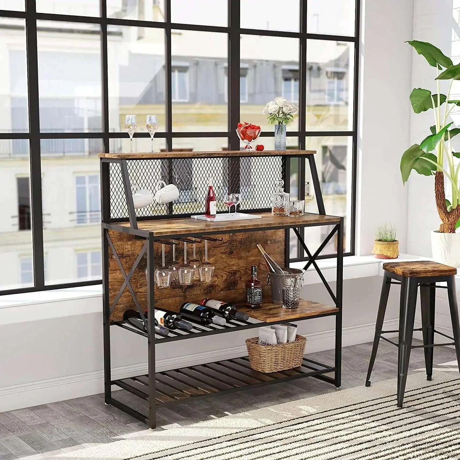 Bestier Coffee Bar Storage Cabinet with Mesh Panel and Wine Rack - Stylish Kitchen Organizer for Coffee, Wine & Bar Essentials - Perfect for Home, Office or Cafe Use