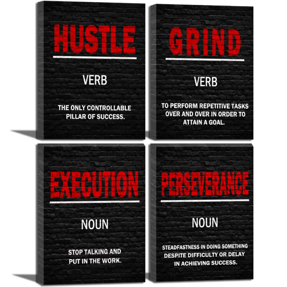 Grind Hustle Execution Motivational Canvas Print - Black & Red Office Wall Art for Men & Women - Inspirational Workplace Decor for Home Office, Business, or Gym - Framed Success Wall Art for Entrepreneurs & Professionals