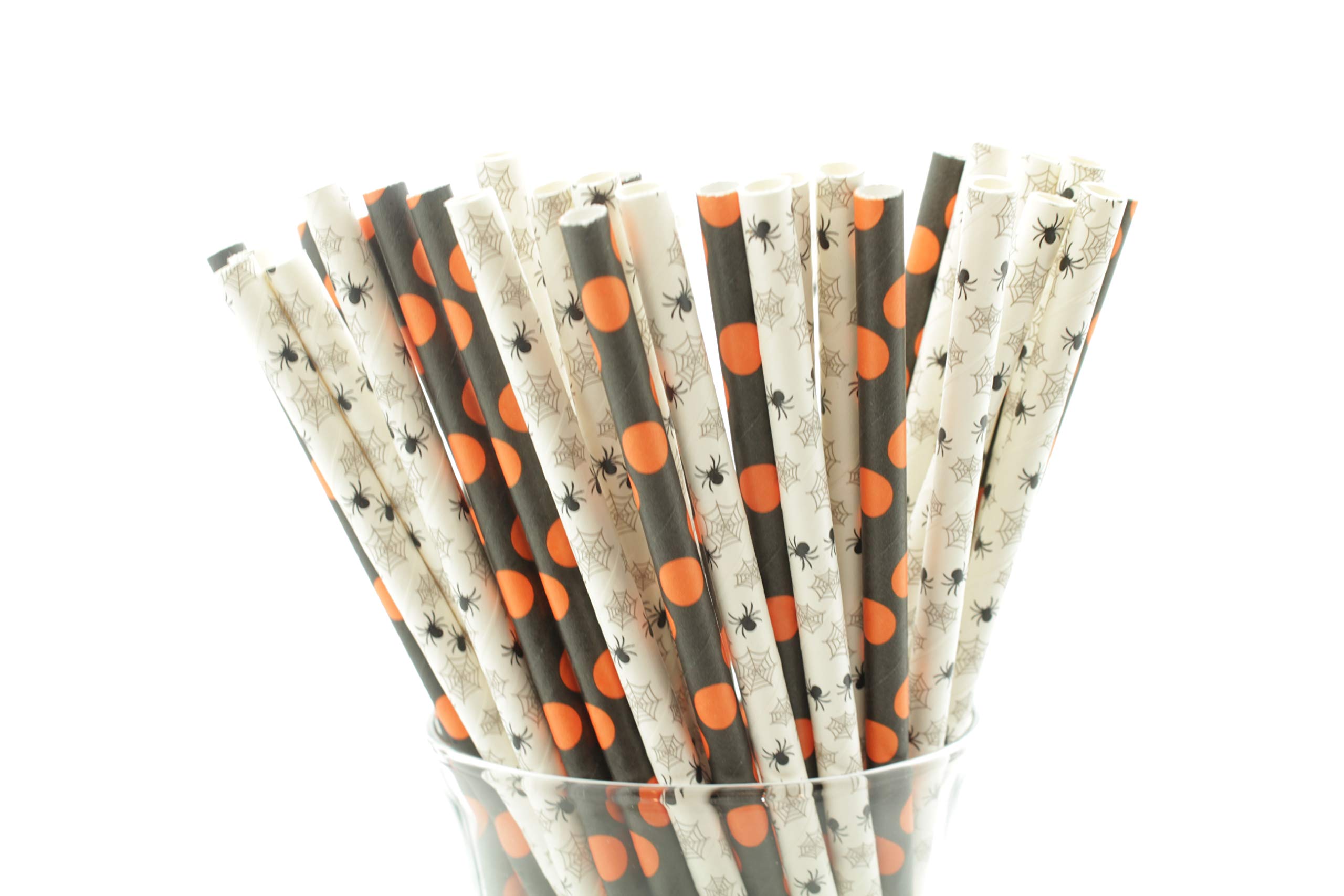 Halloween Spider and Dots Party Paper Straws 50 Pack - Black and Orange Premium Paper Drinking Straws for Halloween Party Decorations, Birthday Supplies, Spooky Themed Events and Home Decor