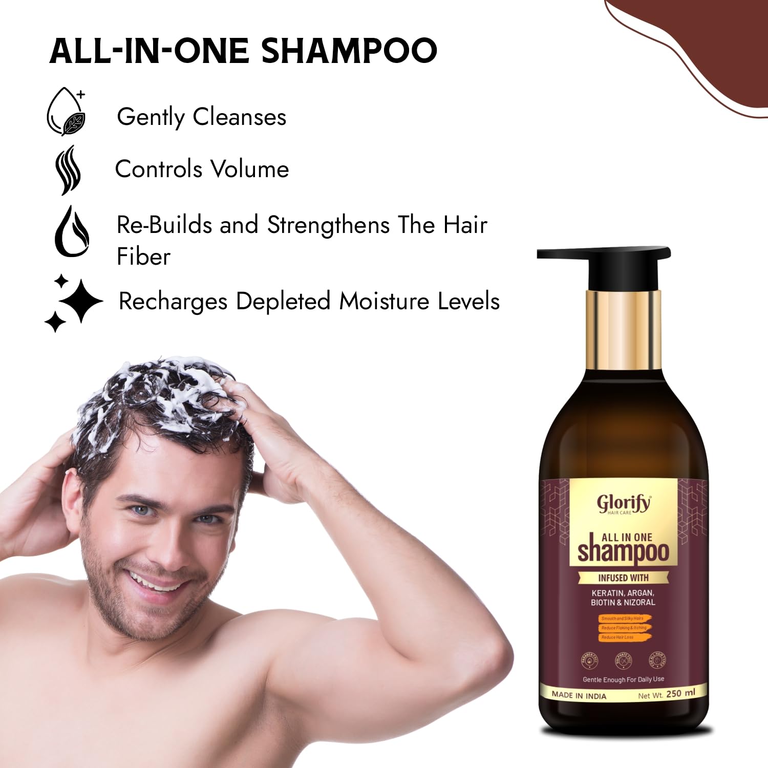 Glorify Biotin Shampoo with Keratin & Collagen for Hair Growth & Strength | Volumizing & Anti-Dandruff Shampoo | Reduces Itching & Repairs Damaged Hair | Controls Hair Loss for Men & Women | 250ml | Perfect for Daily Use & Hair Care Routine