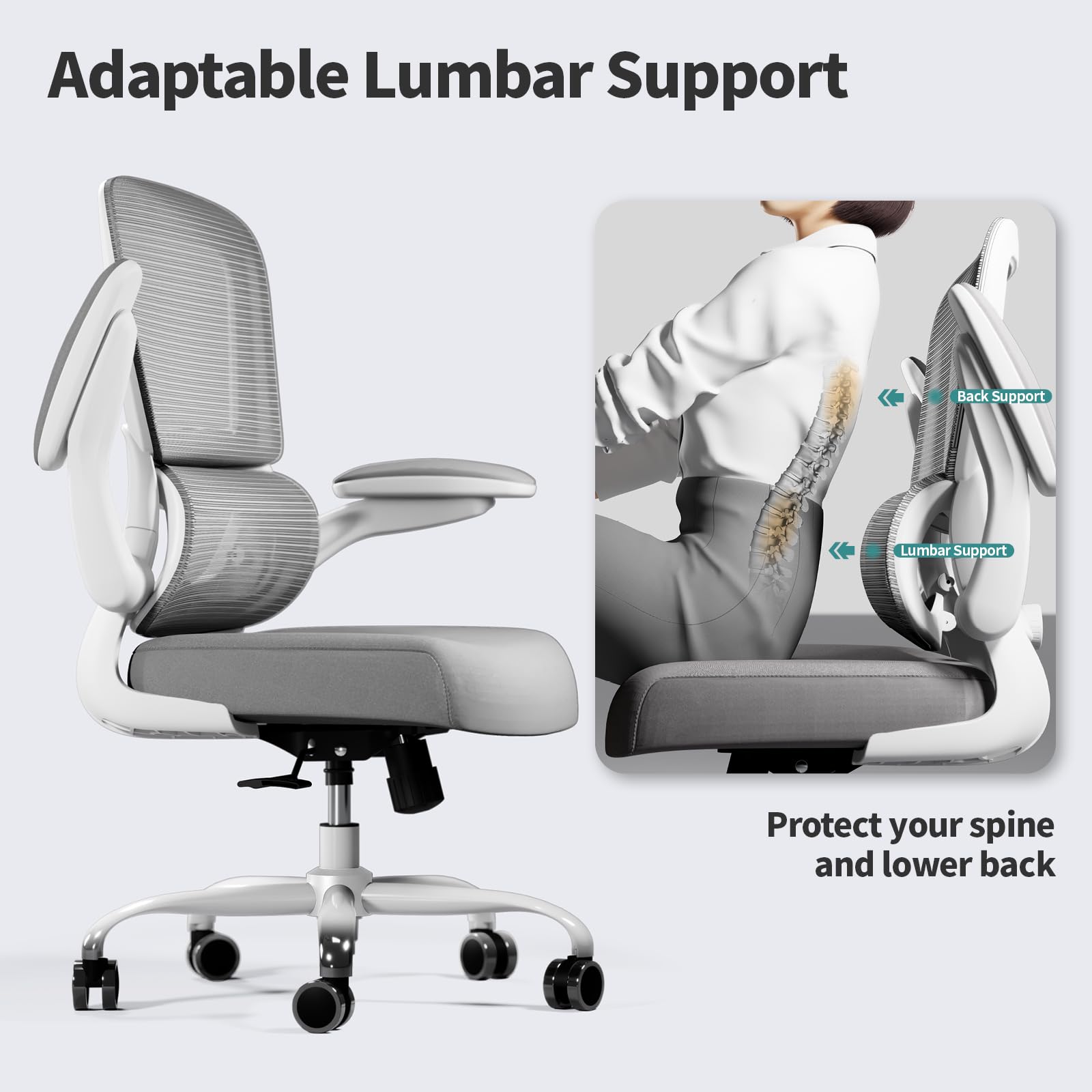 Ergonomic Office Chair with Adjustable Lumbar Support - Mesh Back Computer Desk Chair for Home Office - Executive Swivel Task Chair with Comfortable Seat - Perfect for Long Work Hours & Video Conferencing (Grey)
