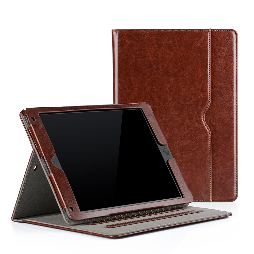 RUBAN iPad Case Compatible with iPad 9.7 Inch 2018/2017, iPad Air 2, iPad Air 1 - Corner Protection, Multi-Angle Stand, Auto Wake/Sleep, Vintage Brown Folio Cover with Pocket - Perfect for Work, School, and Travel