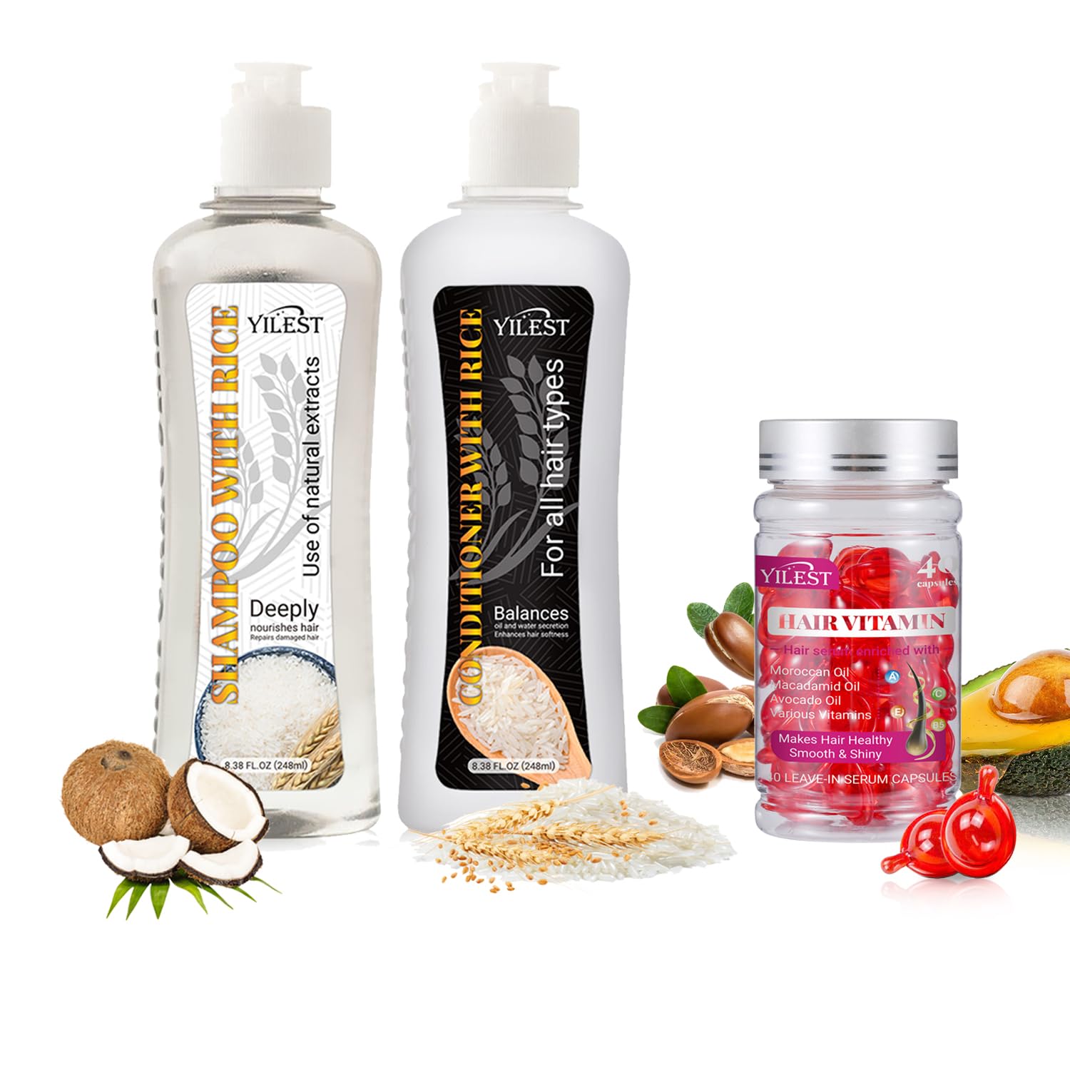 Premium Rice Hair Growth Shampoo & Conditioner Set with Treatment Serum - Anti Hair Loss & Thickening Formula for Men & Women - Stimulates Hair Regrowth & Prevents Thinning - Ideal for Daily Hair Care & Scalp Nourishment