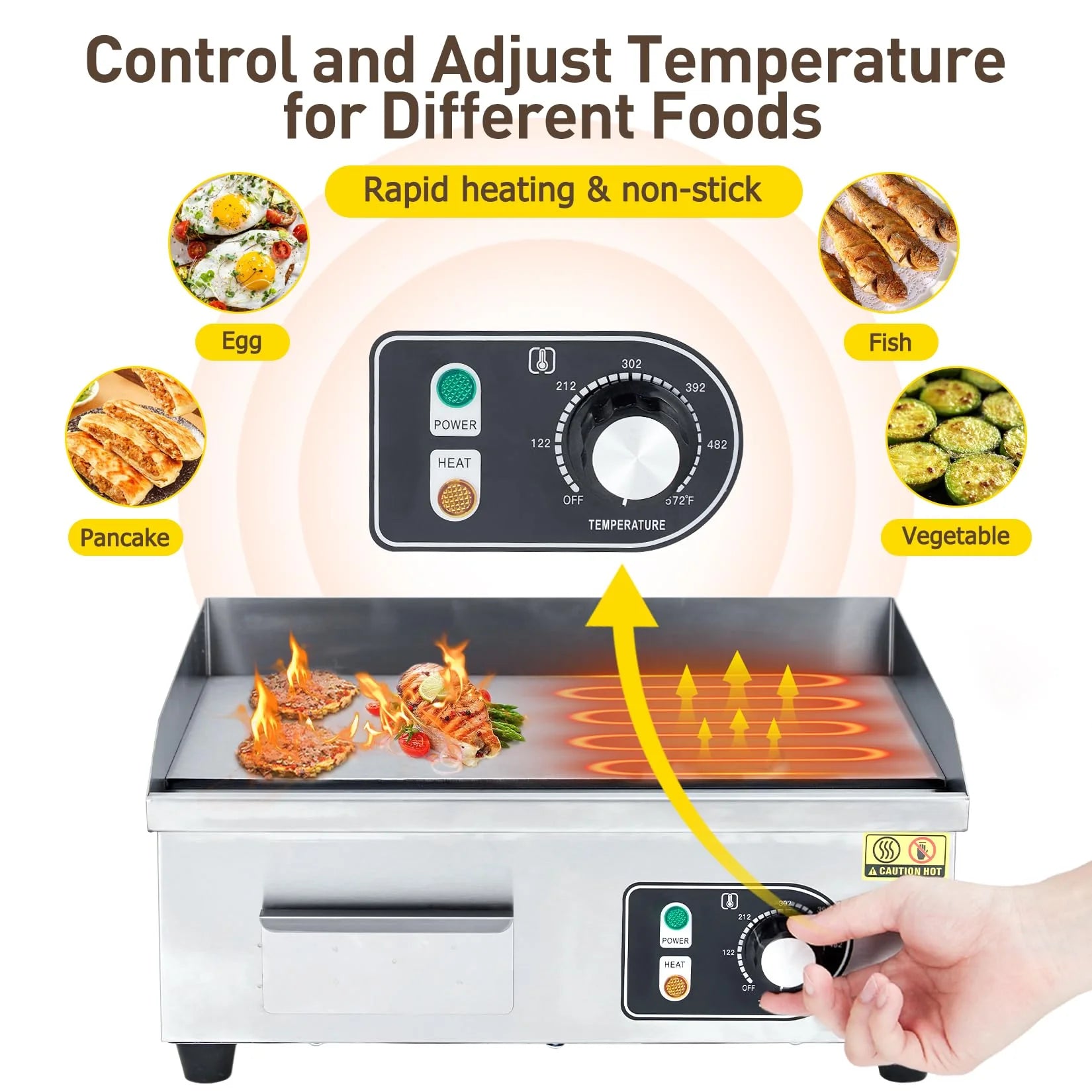GARVEE 14 Inch Commercial Electric Grill - 1500W Stainless Steel Griddle with Adjustable Temperature (122°F-572°F) - Non-Stick Surface for Home Kitchen & Restaurant Use - Perfect for Indoor BBQ, Pancakes & Burgers (Plug Not Included)