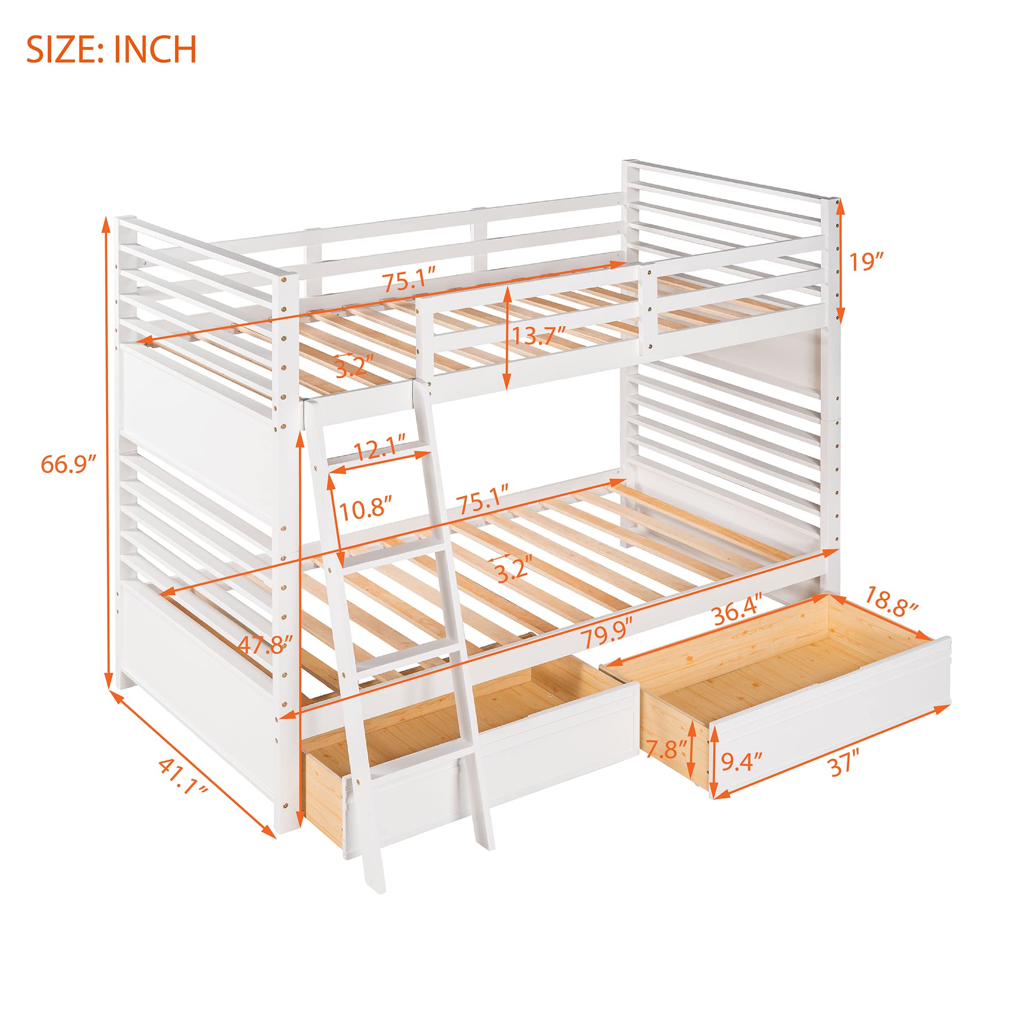 Solid Wood Twin Over Twin Bunk Beds for Kids - Convertible to 2 Separate Beds with Storage Drawers, Guardrails & Angle Ladder | Space-Saving Kids Bedroom Furniture for Boys, Girls & Teens | No Box Spring Needed (White) - Perfect for Shared Rooms, Sleepovers & Small Spaces