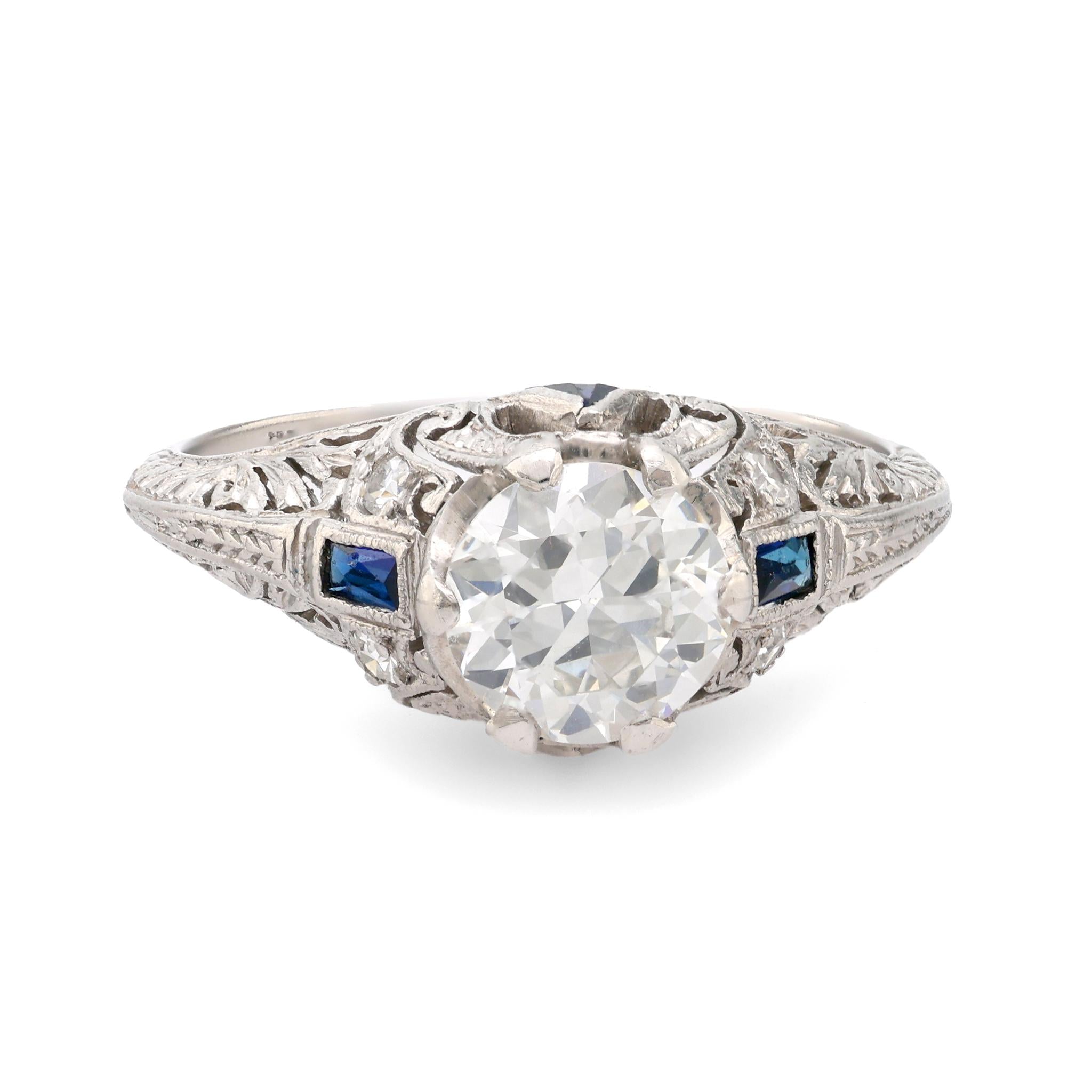 Art Deco EGL Certified 1.04 Carat Diamond & Sapphire Platinum Ring - Vintage Engagement, Wedding, Anniversary Jewelry Gift for Her