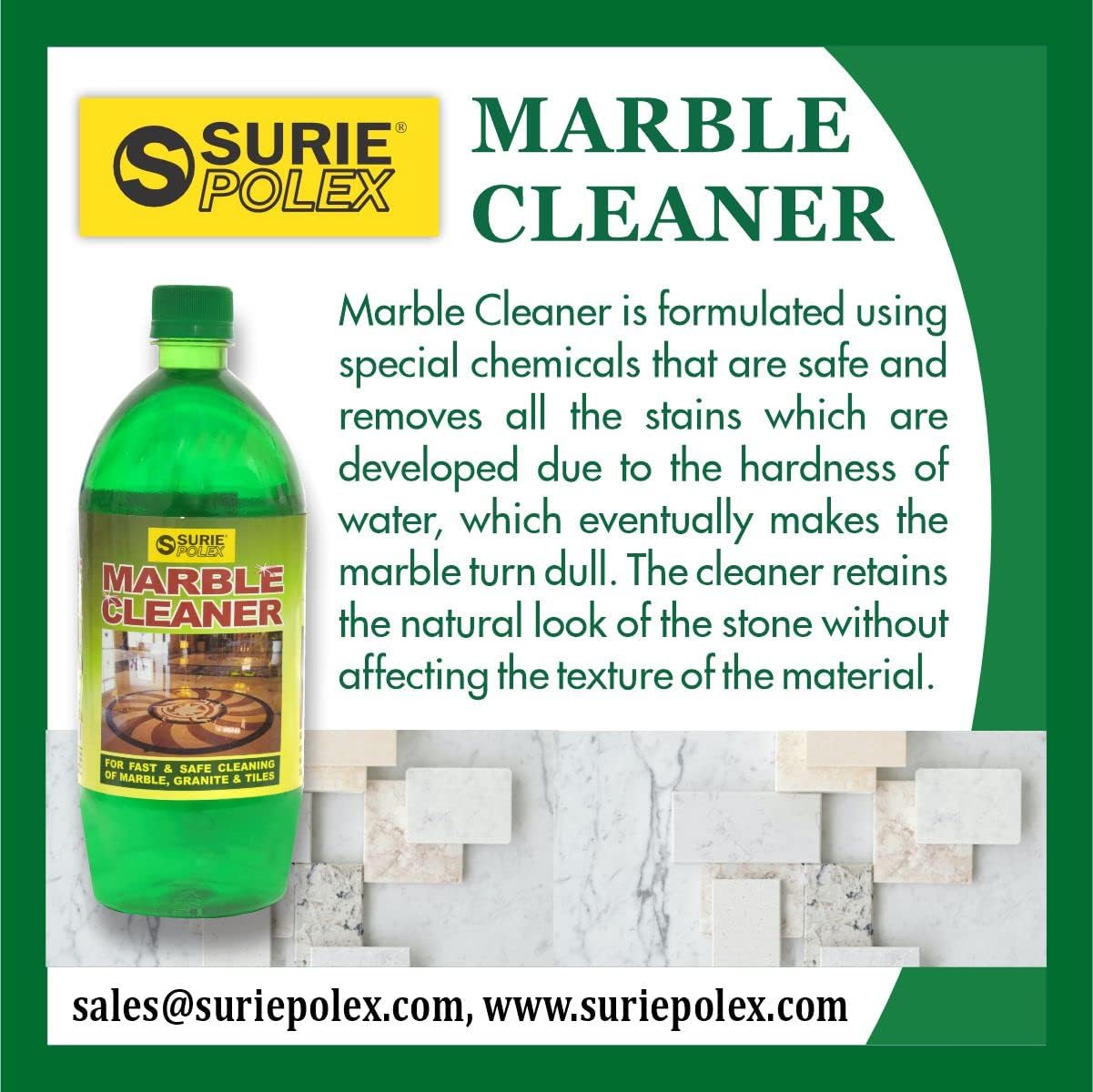 Surie Polex Marble Cleaner 1L - Premium Stone Surface Cleaner for Countertops, Floors & Showers - Safe for Natural & Engineered Marble, Granite, Travertine - Ideal for Kitchen, Bathroom & Outdoor Use