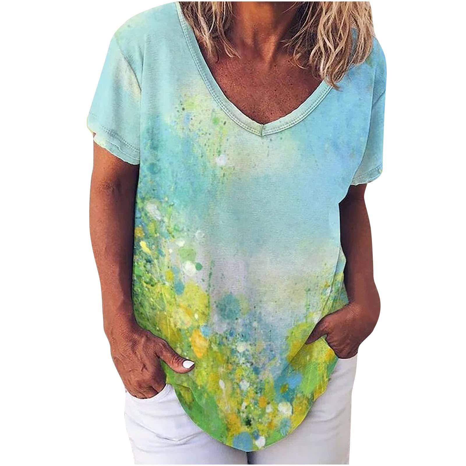 Vintage Floral Tie-Dye Short Sleeve Tunic Top for Women - Elegant Loose Fit Casual T-Shirt for Summer | Perfect for Beach Outings, Music Festivals & Boho Chic Outfits