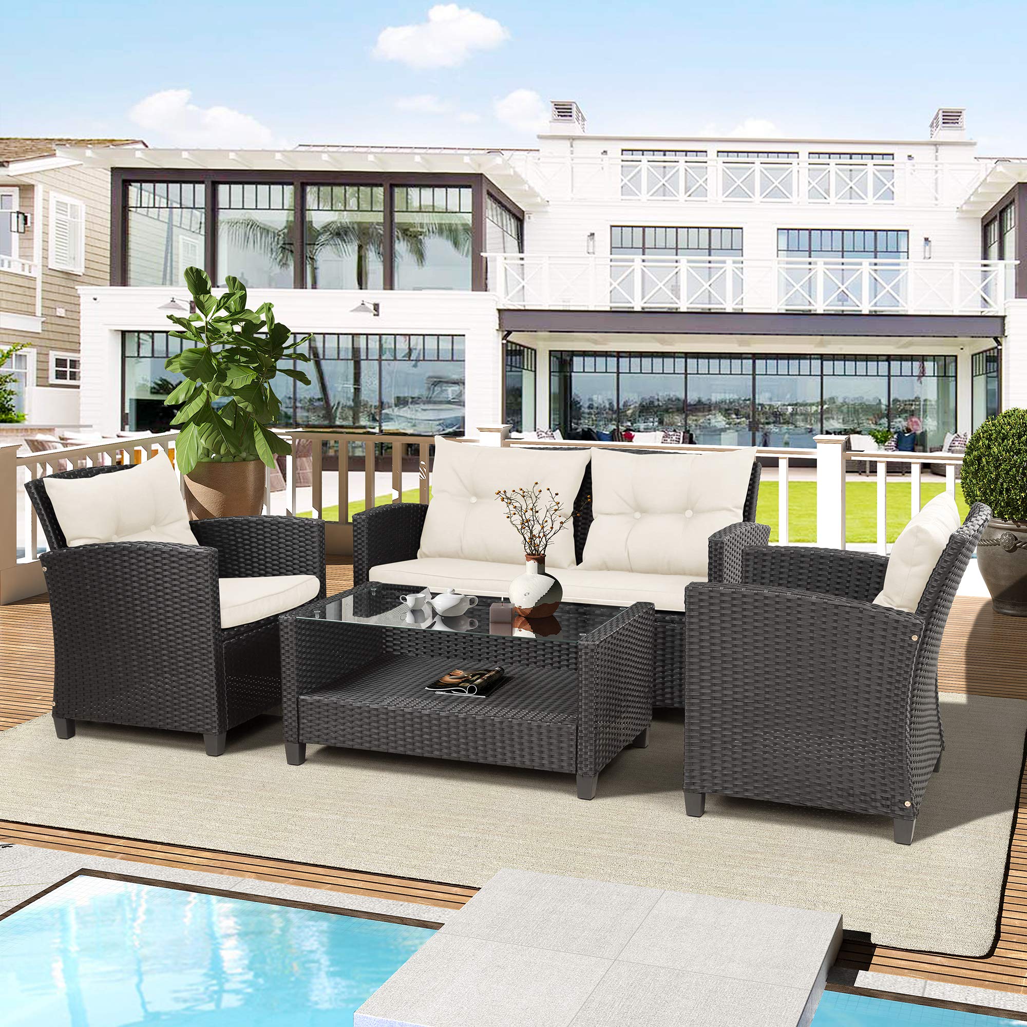 4-Piece Outdoor Patio Furniture Set - All-Weather Wicker Conversation Sofa Set with Cushions & Storage Coffee Table for Porch, Deck, Garden or Backyard - Perfect for Relaxing, Entertaining and Outdoor Gatherings