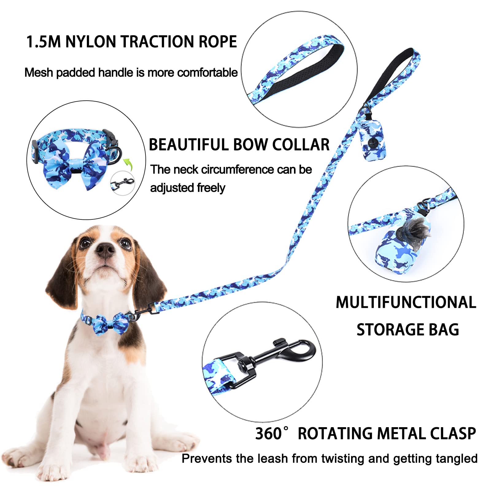 **Adjustable Reflective No-Pull Dog Harness & Leash Set with Bow Collar & Poop Bag - Medium Blue Camouflage - Perfect for Puppies & Medium Dogs - Ideal for Walking, Training & Outdoor Adventures**