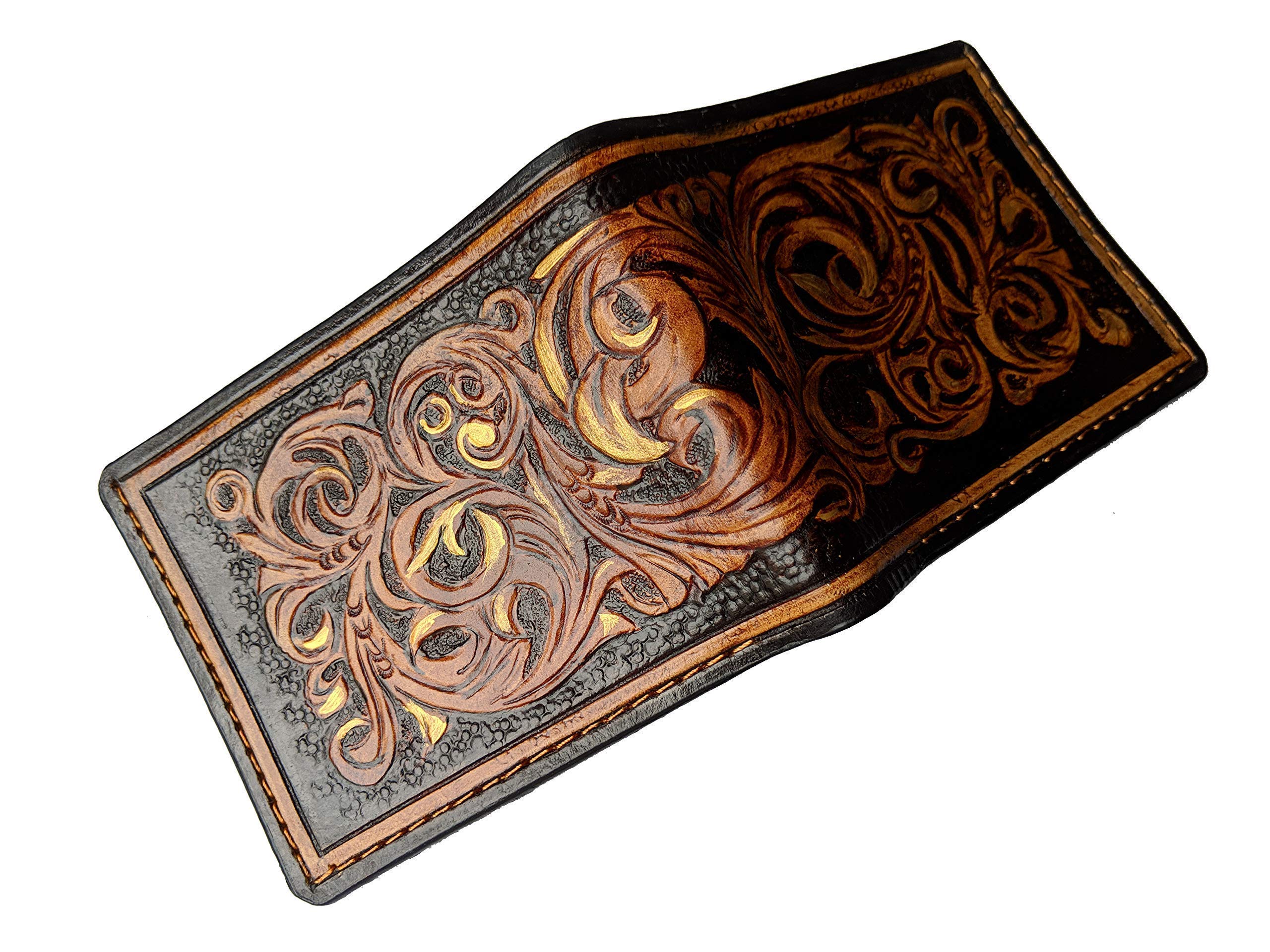 Handmade 3D Genuine Leather Wallet for Men - Custom Engraved & Hand-Painted Floral Design - Personalized Gift for Dad, Husband, Boyfriend - Perfect for Everyday Use, Travel & Special Occasions