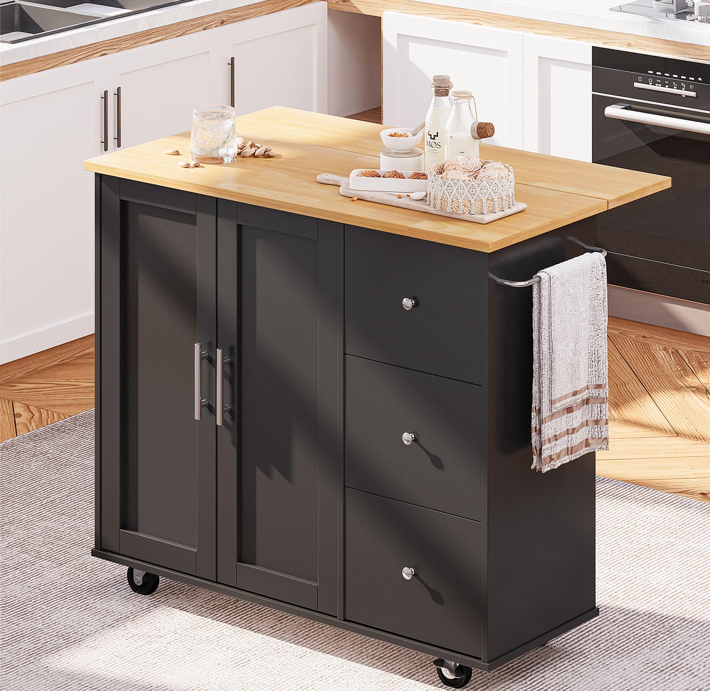 SUNLEI 39.7-Inch Rolling Kitchen Island with Storage Cabinet, Foldable Drop Leaf & Towel Rack Handle - Portable Mobile Kitchen Cart for Small Spaces, Dining Extension, Food Prep & Extra Counter Space (Classic Black)