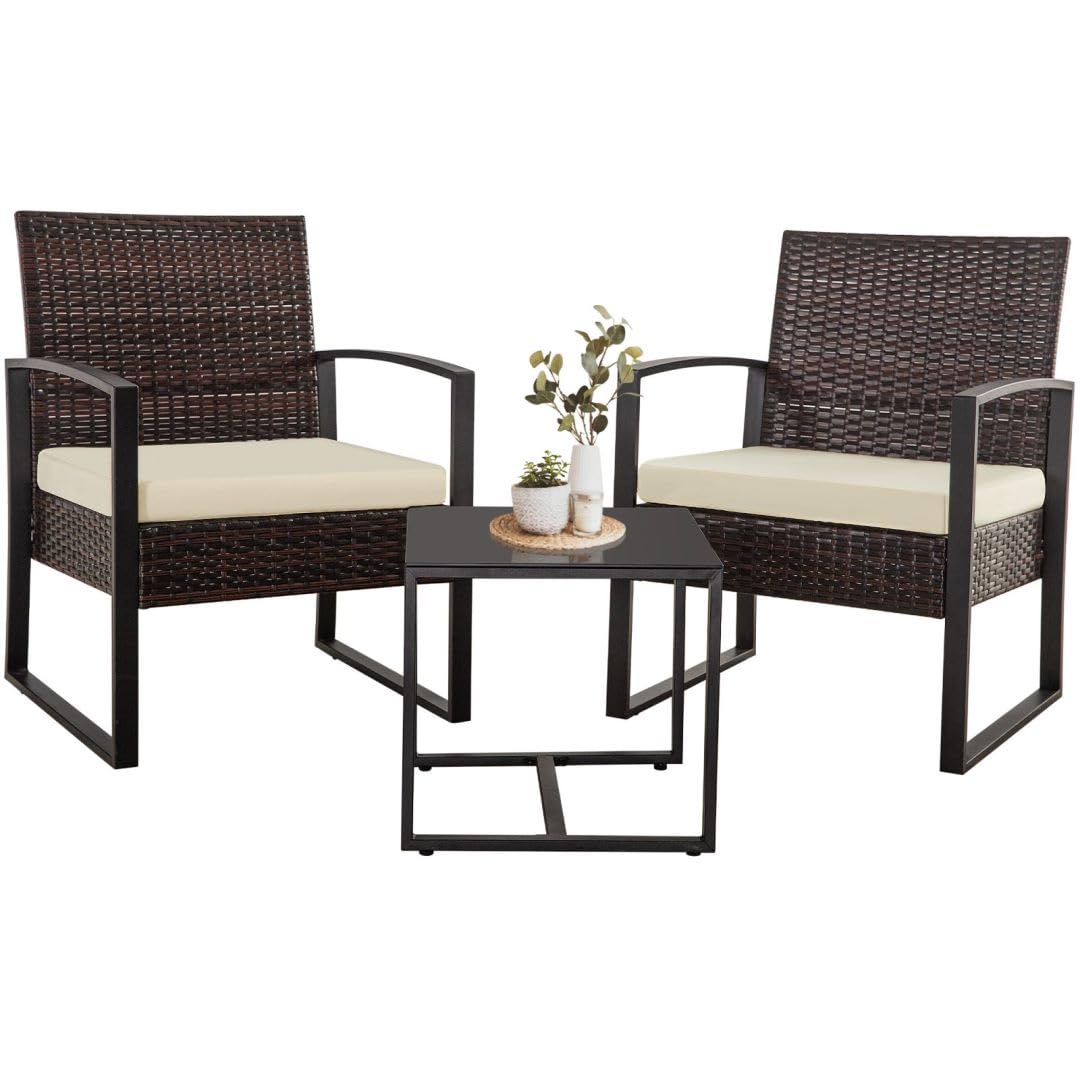 3-Piece Outdoor Patio Furniture Set - Wicker Bistro Set with 2 Chairs, 2 Cushions & Glass Coffee Table - Brown Rattan & White Cushions for Garden, Balcony, Backyard, Porch or Lawn - Perfect for Relaxing, Entertaining & Outdoor Dining