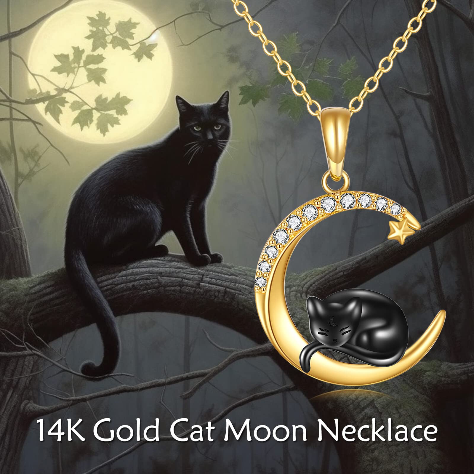 14K Real Gold Cat Necklace - Delicate Yellow Gold Crescent Moon Black Cat Pendant Jewelry for Women, Cat Lovers | Perfect Gift for Birthday, Anniversary & Everyday Wear