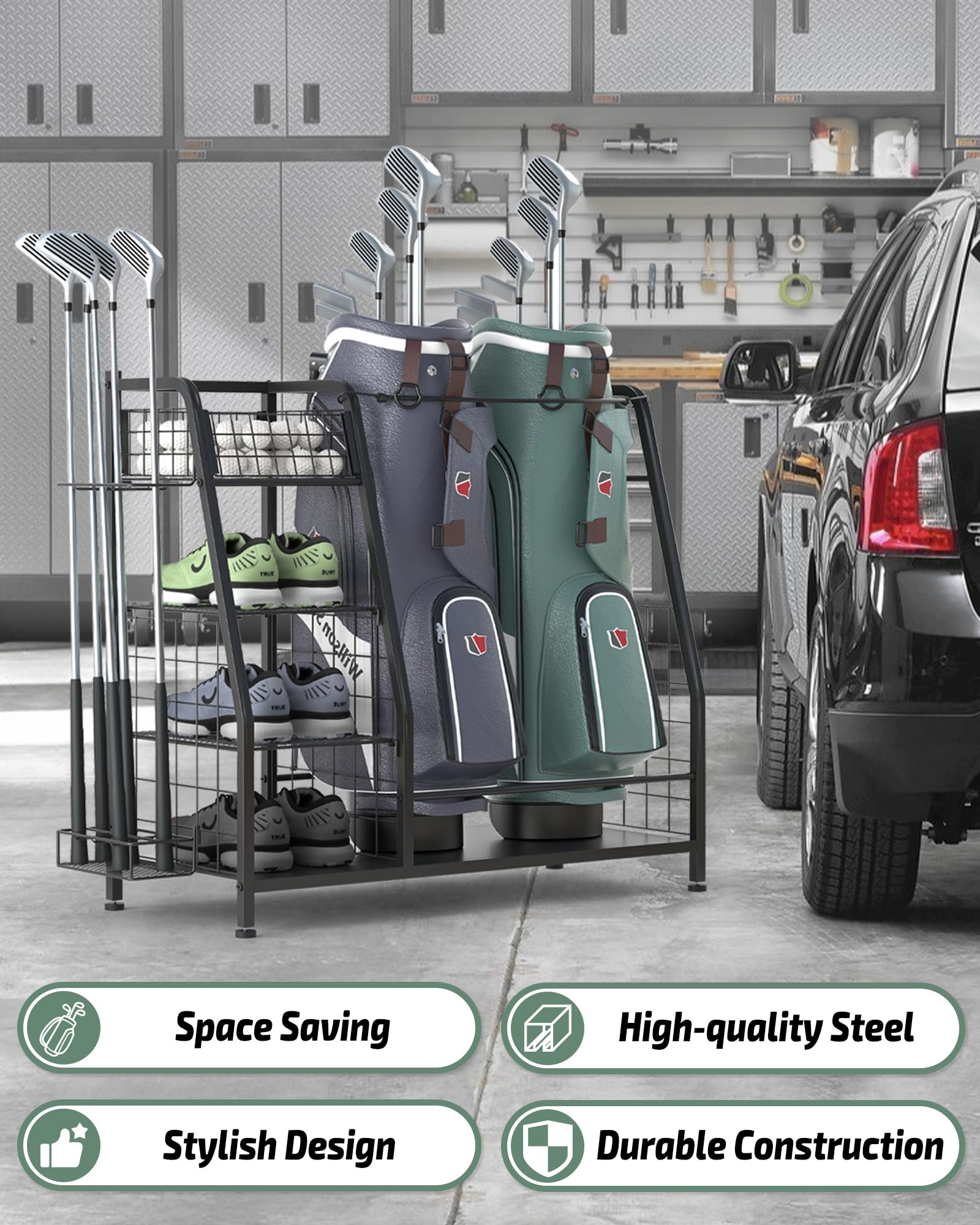 **3-Slot Golf Bag Storage Rack with Lockable Wheels - Heavy Duty Golf Equipment Organizer for Garage & Home - Golf Clubs & Accessories Holder - Perfect for Golf Enthusiasts & Club Storage**