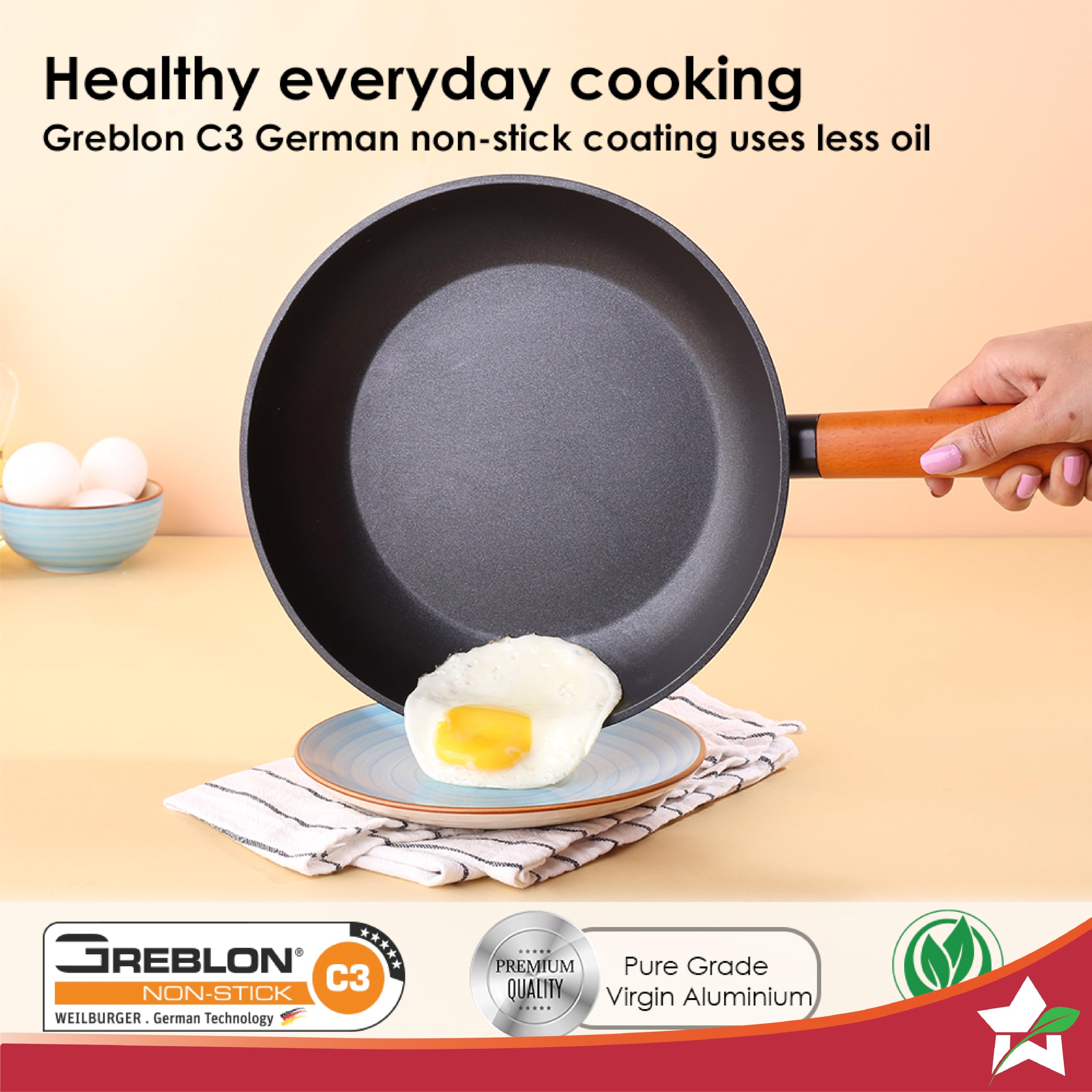 Wonderchef Caesar Forged Virgin Aluminium Fry Pan - 1 LTR, 20cm, Black - Healthy Greblon C3 Non-Stick Coating, PFOA Free - German Beechwood Handles - Perfect for Frying, Sauteing, Roasting - Easy to Clean - Ideal for Home Cooking, Professional Kitchens & Healthy Meal Prep