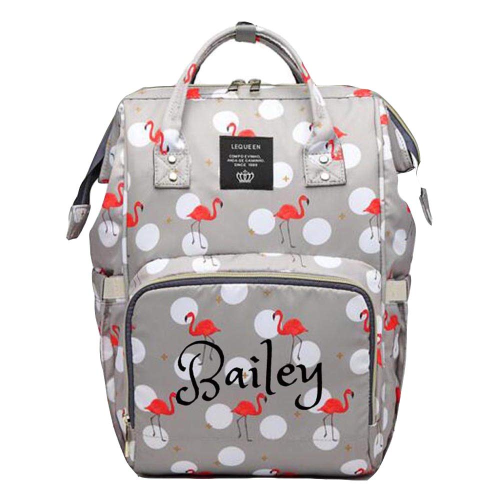Personalized Large Diaper Backpack with Custom Monogram Embroidery - Stylish Baby Bag for Moms, Travel & Daycare - Grey Flamingo Design