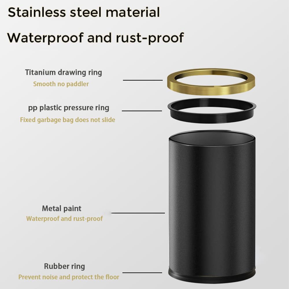 9L/2.4GAL Stainless Steel Gold Bathroom Trash Can - Open Top Garbage Bin Without Lid - Small Gold & Black Waste Basket for Bathroom, Kids Room, Hotel, Office - Perfect for Home, Commercial & Hospitality Use (Black)