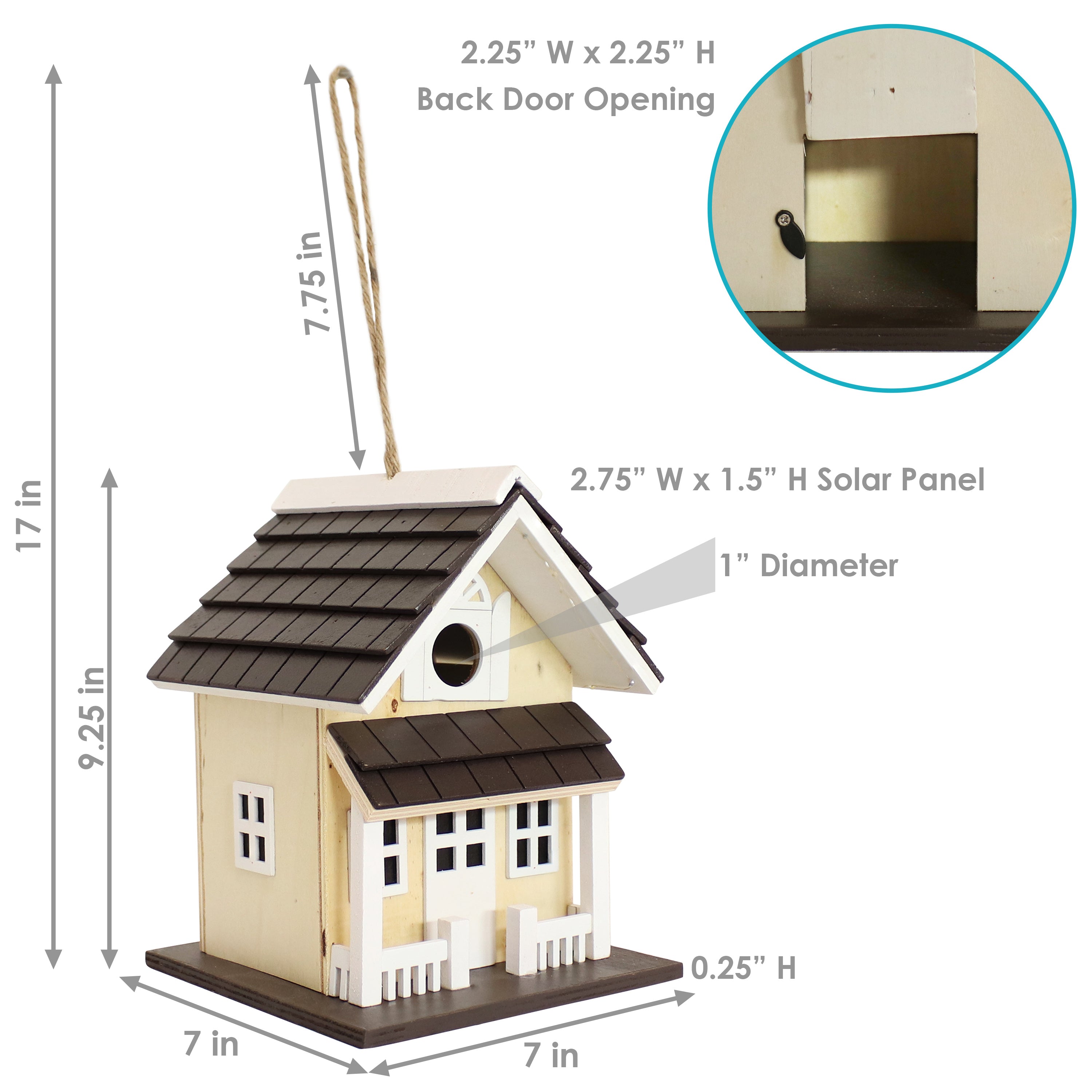 Sunnydaze Solar Powered LED Hanging Bird House - Weatherproof Wooden Outdoor Decor for Garden, Patio, and Backyard - Attracts Birds with Cozy Home Design