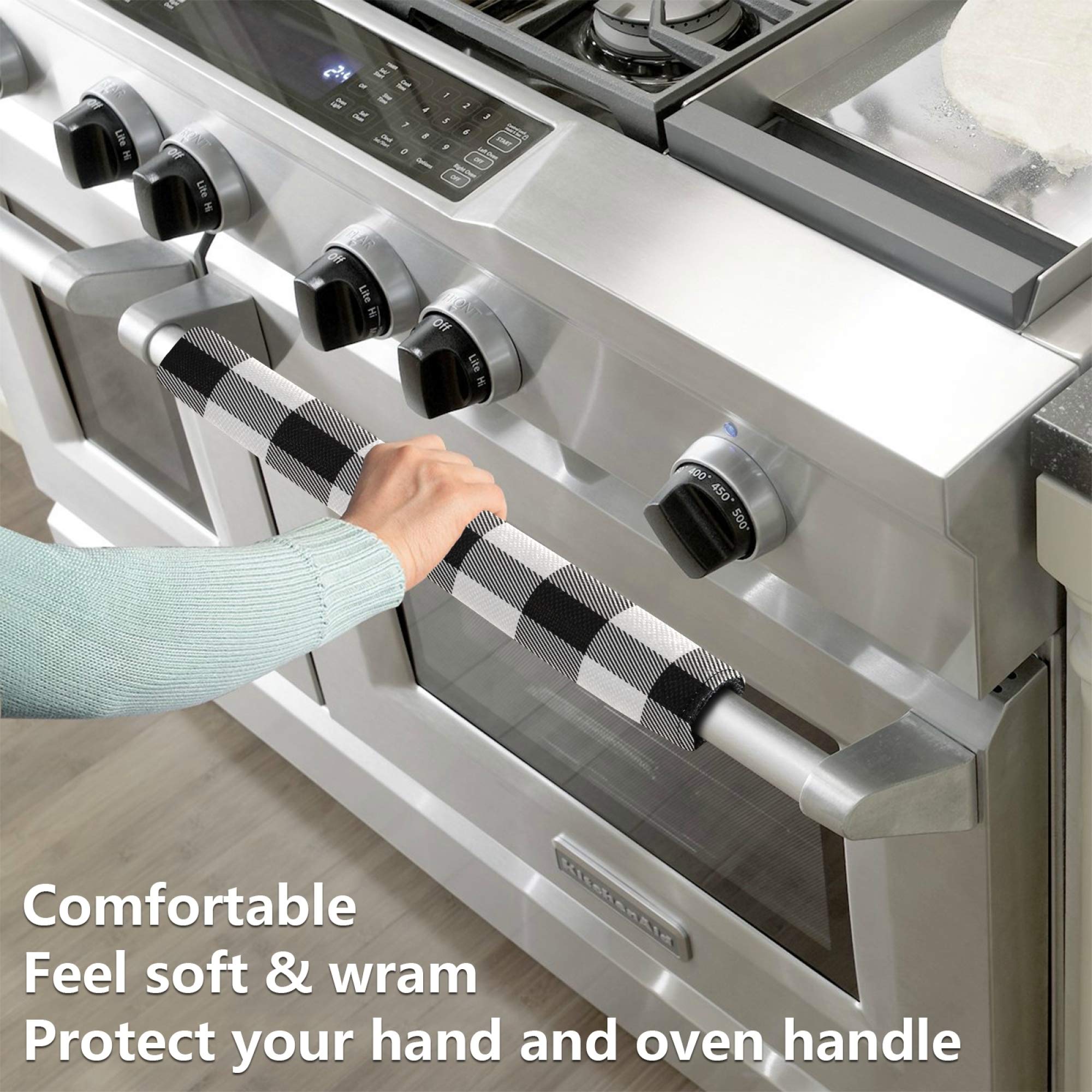 Black and White Plaid Refrigerator Door Handle Covers (2-Pack) – Dishwasher, Microwave & Cabinet Protectors – Soft Cloth Kitchen Appliance Covers for Cleaning & Decoration – Perfect for Modern Kitchens & Home Organization