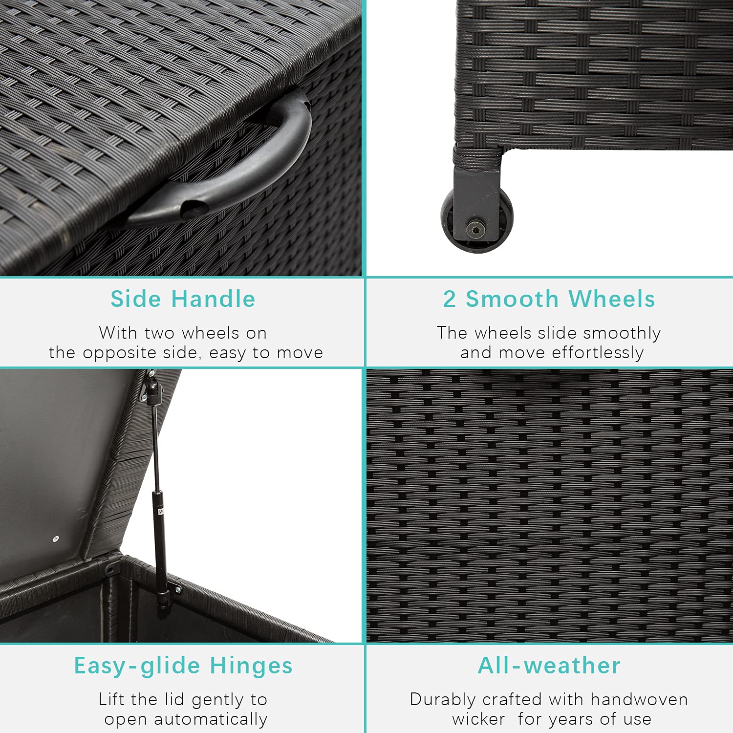 120 Gallon Outdoor Deck Box Storage Container - Rattan Wicker Patio Storage with Wheels & Handles for Furniture Cushions, Garden Tools, Pool Toys | Weatherproof Deck Box for Backyard, Patio, Poolside (Black)