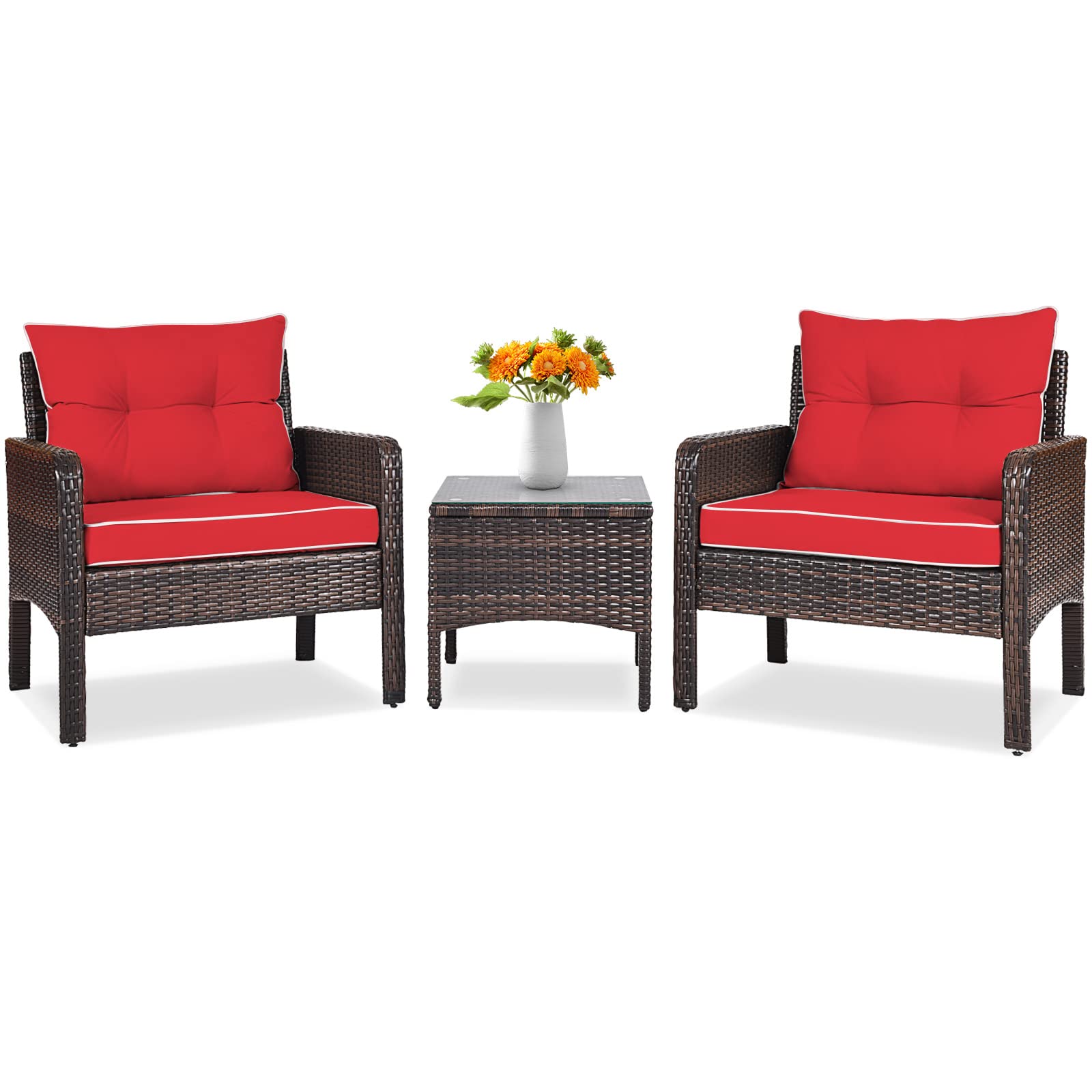 Tangkula 3-Piece Outdoor Patio Furniture Set - All-Weather Wicker Chairs with Glass Coffee Table & Thick Cushions - Red 2-Seater Garden, Poolside, Backyard, Porch Furniture for Relaxing & Entertaining