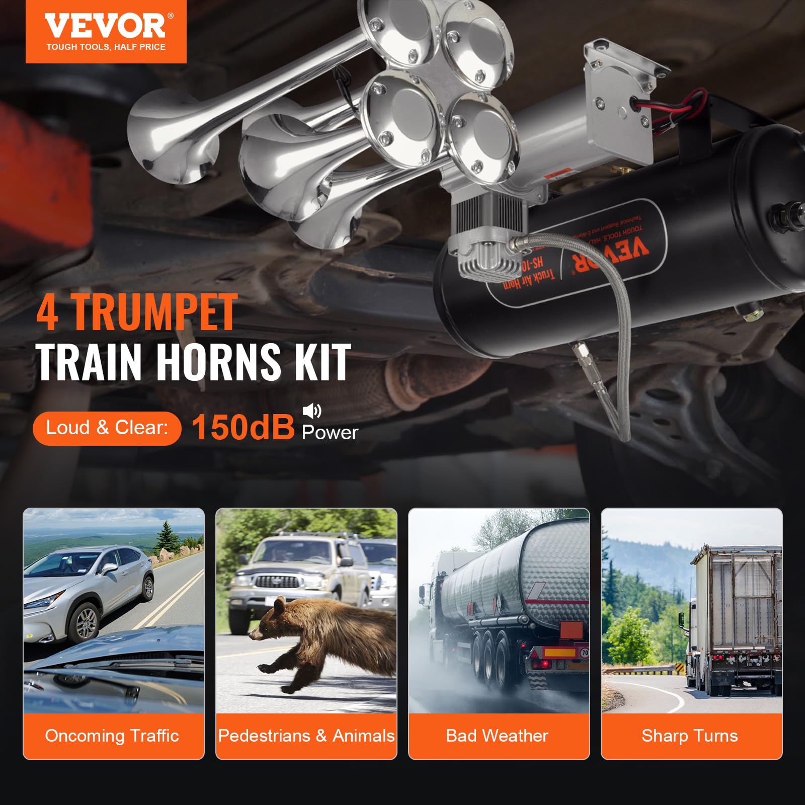 Best Auto Train Horns Kit for Trucks - 150dB Loud 12V Air Horn with 2.6 Gallon Tank & 4 Stainless Steel Trumpets (160PSI) - Complete Train Horn Kit for Cars, Trucks, SUVs (Black) - Perfect for Off-Roading, Emergency Vehicles & Custom Car Upgrades