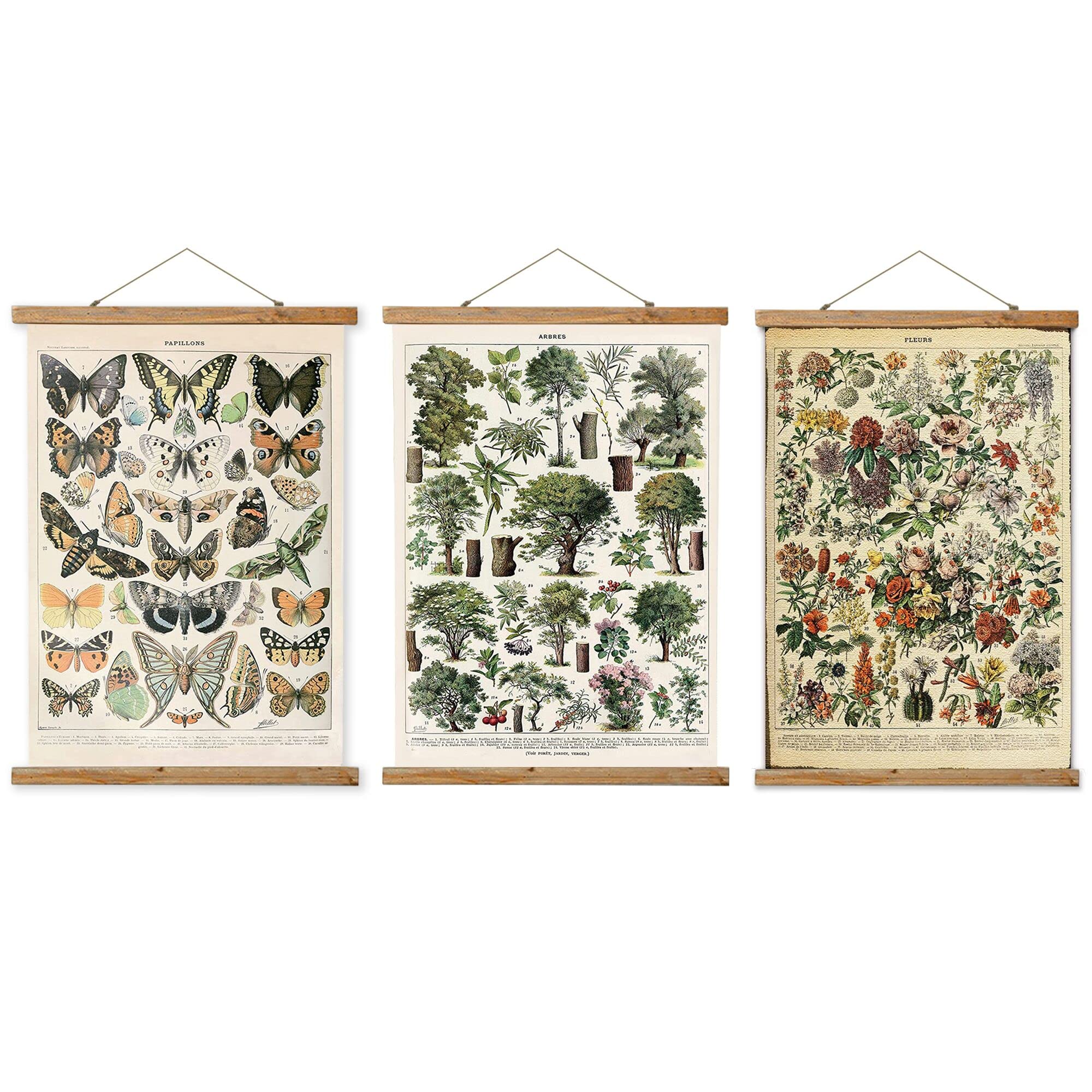 Vintage Wall Art Posters Set of 3 - Small Retro Style Hanging Prints with Wood Frames - Linen Printed Ready to Hang Home Office Decor for Living Room Bedroom & Dorm