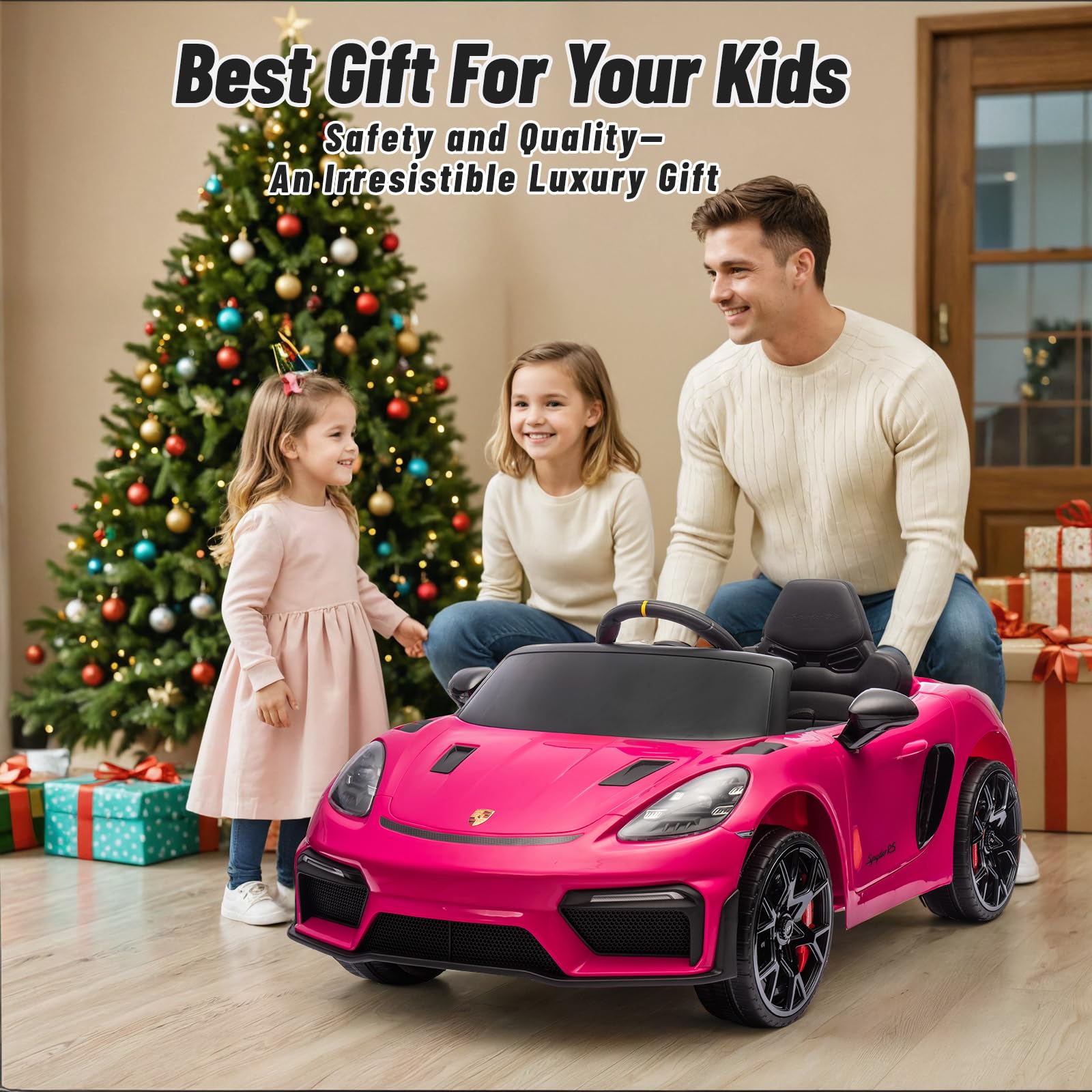 12V Licensed Porsche 718 Kids Electric Ride-On Car with Parent Remote Control, LED Lights, Music Player & Durable Tires - Pink | Perfect for Birthday Gifts, Outdoor Play & Learning Driving Skills