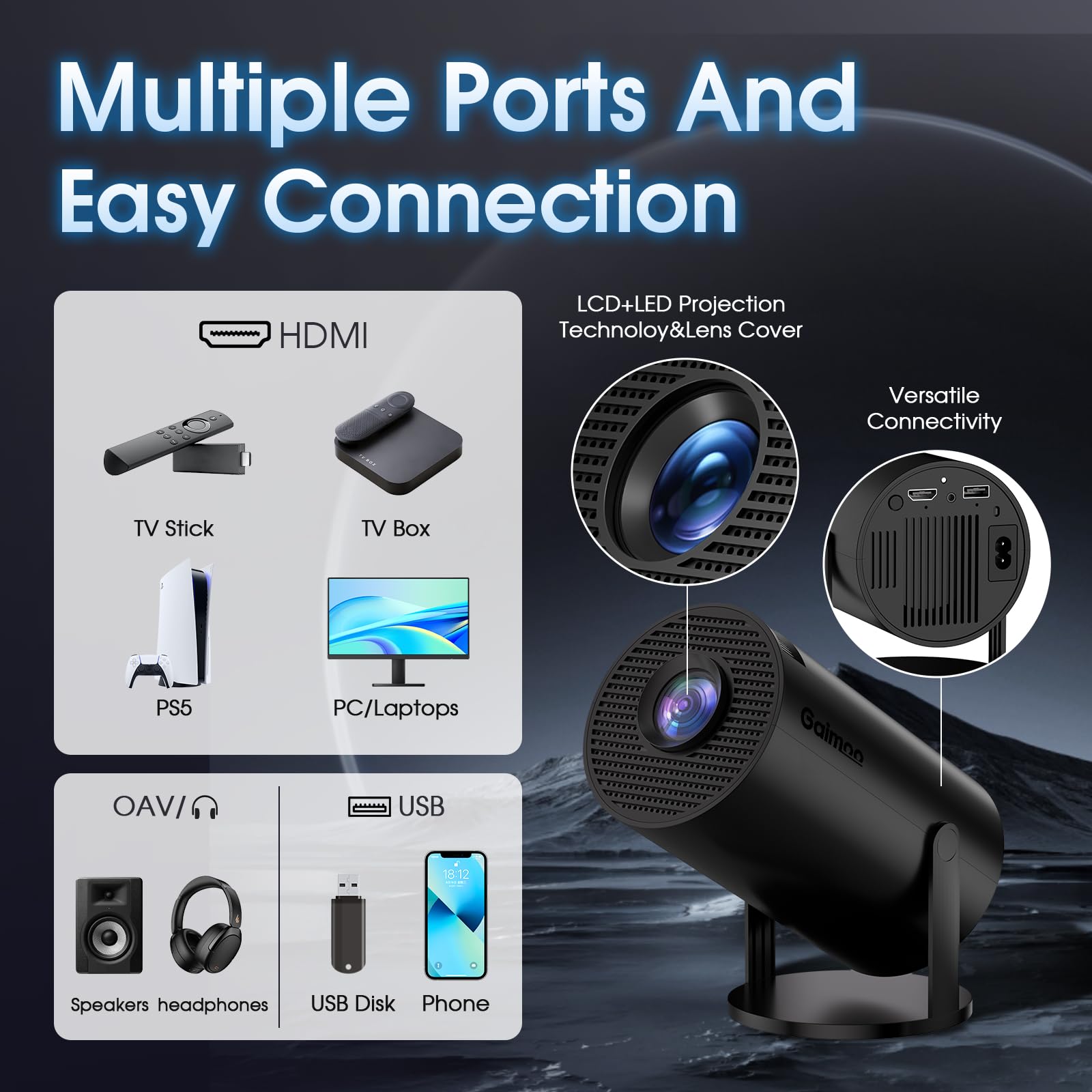 4K Mini Projector with WiFi & Bluetooth - 1080P FHD Portable Movie Projector for Home Theater, HDMI/USB/PS5/Laptop Compatible - Built-in Apps, 180° Adjustable Keystone, Includes HDMI Cable & Mouse (Black) - Perfect for Movie Nights, Gaming & Office Presentations