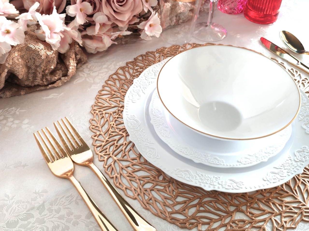 120-Pack Pressed Vinyl Metallic Placemats - Rose Gold Wedding Table Decor, Spring Party Centerpiece for Dining Table, Buffet & Special Events