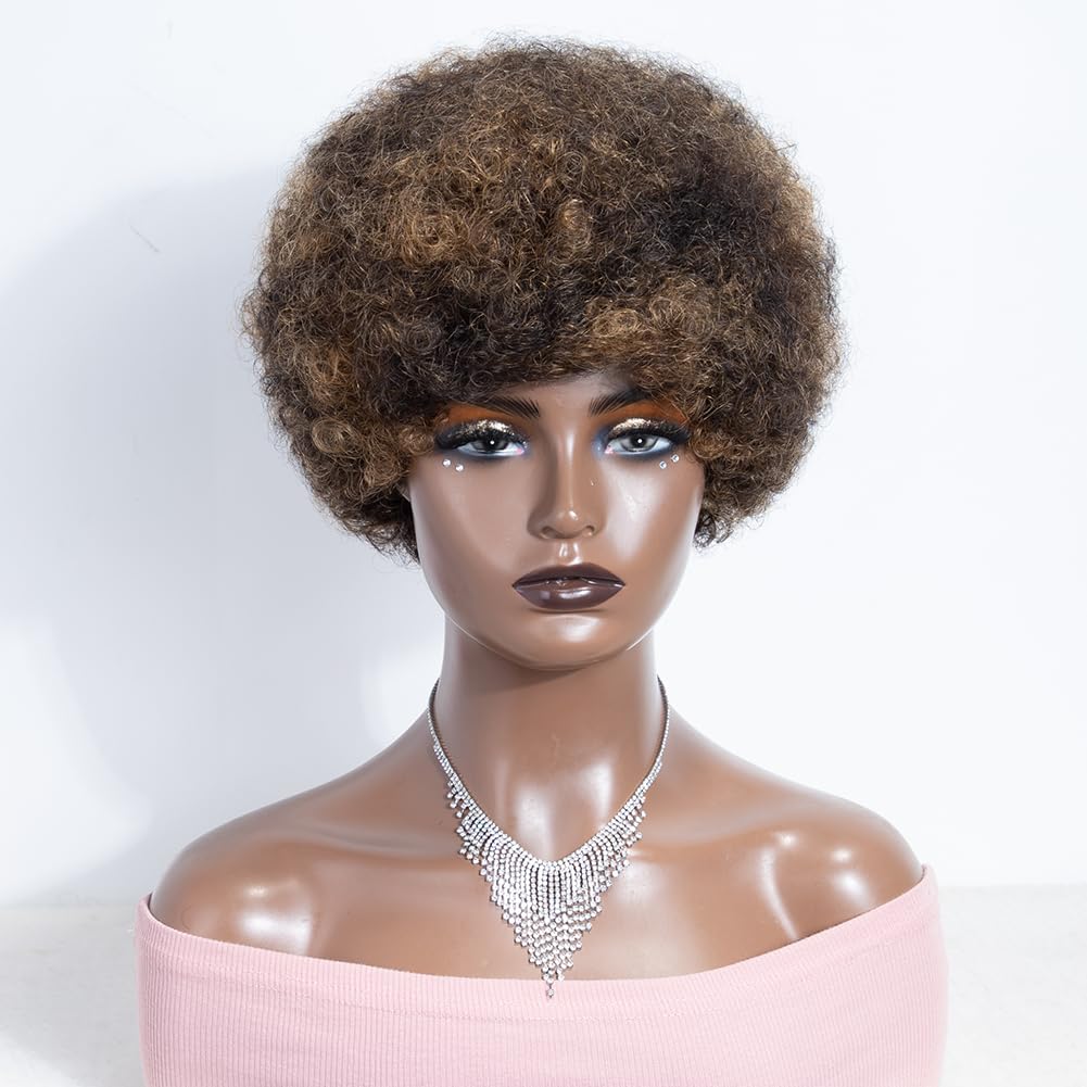 Short Afro Curly Human Hair Wigs for Black Women - 130% Density Brazilian Virgin Hair in P1B/27 Blonde Mix | Perfect for Daily Wear, Cosplay & Special Occasions
