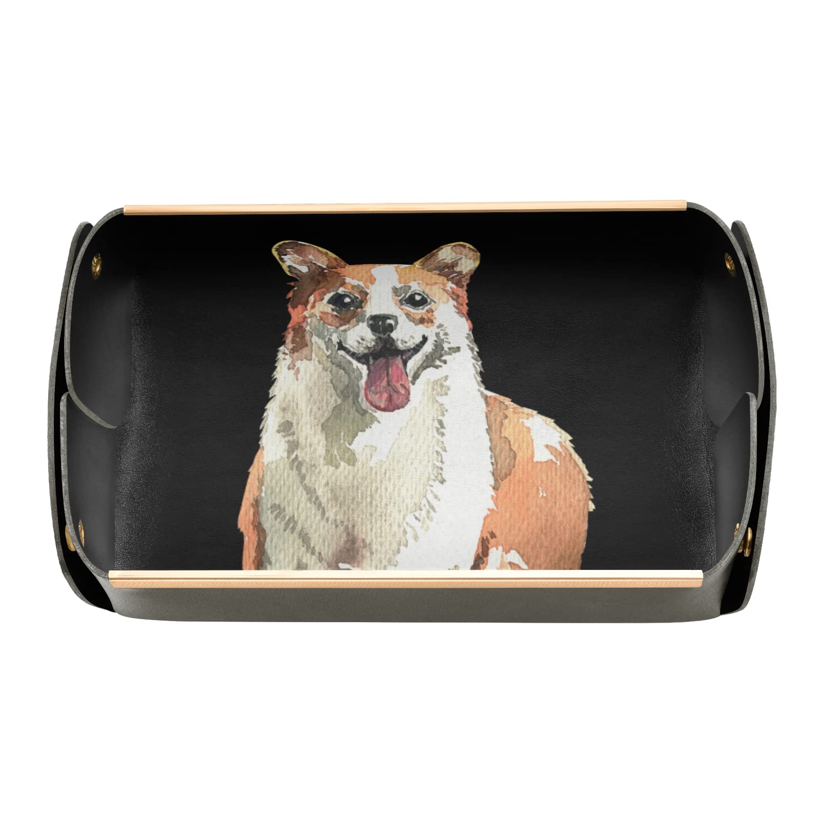 Corgi Dog Design Black Rectangular Desk Organizer Tray - PVC Leather Jewelry & Vanity Storage Tray, Detachable & Foldable for Countertop, Tissues & Accessories | Perfect for Home Office, Makeup Table & Entryway Valet