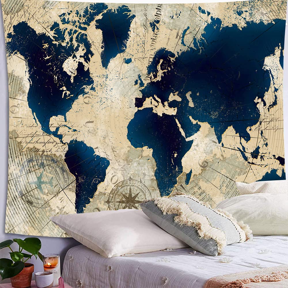Vintage World Map Tapestry Wall Hanging - Old Nordic Style Large World Map Poster (60x80 Inches) for Bedroom Decor, Living Room Aesthetic & Boho Home Design - Perfect for Dorm, Apartment, or Travel Themed Spaces