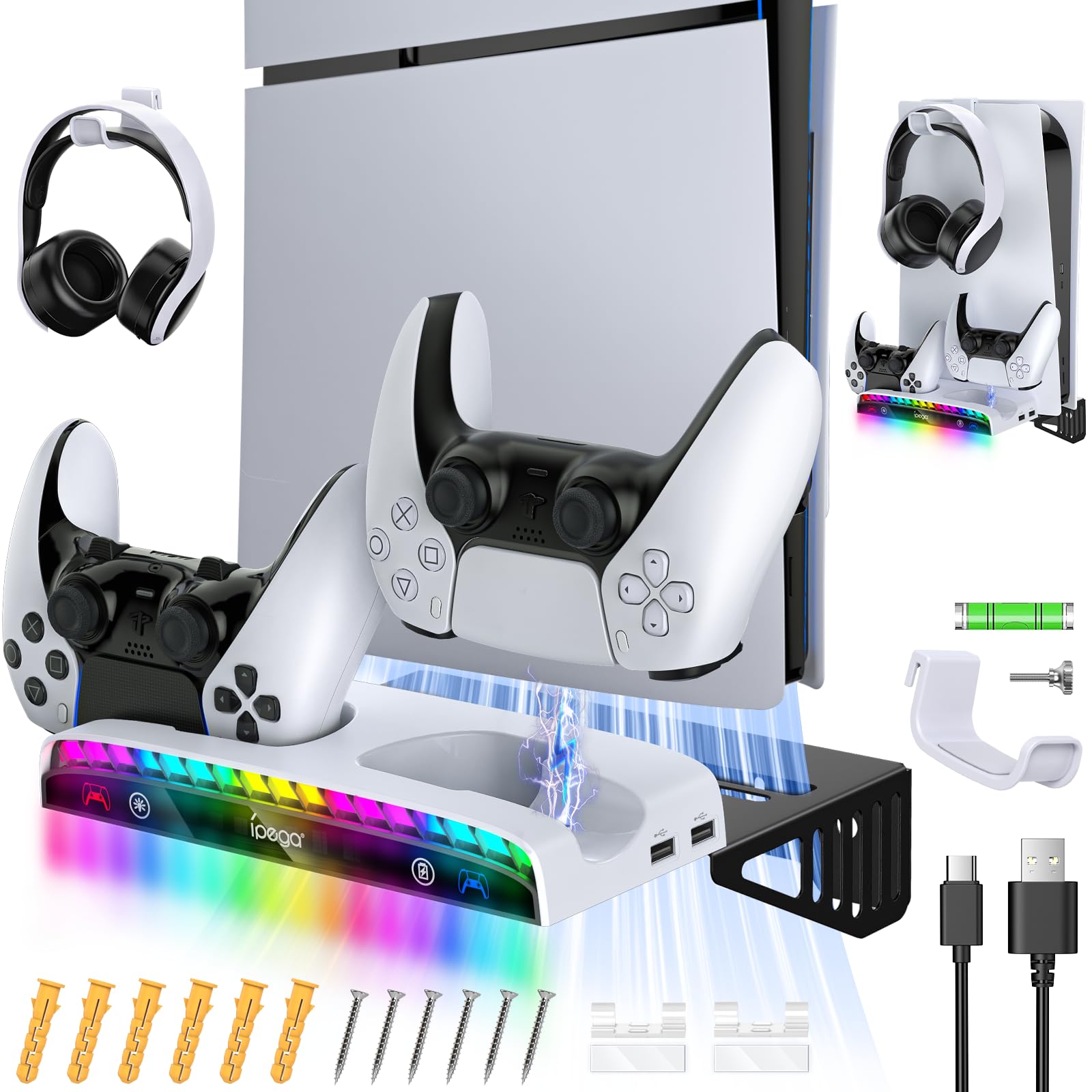 PS5 Slim/PS5 Gaming Console RGB Wall Mount Stand with Charging Station - Stable Metal Bracket for Controller Charger, Headset Holder & 3 USB Hubs (PS5 Slim Pro Disc & Digital Edition) - Perfect for Gaming Setup & Space Saving Organization