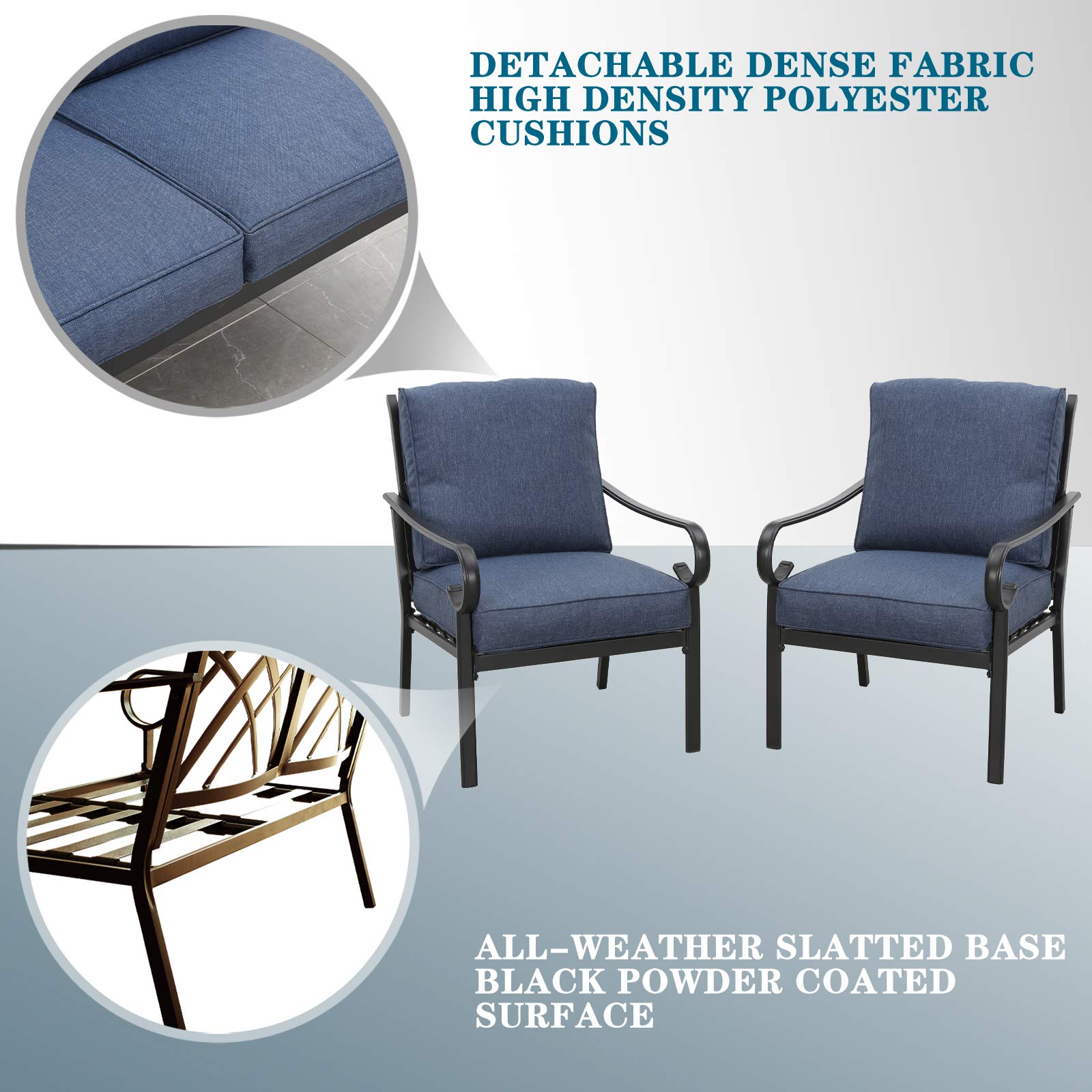 2-Piece Outdoor Patio Dining Set - All-Weather Black Metal Bistro Chairs with Blue Cushions for Deck, Garden & Backyard | Perfect for Outdoor Entertaining & Relaxation