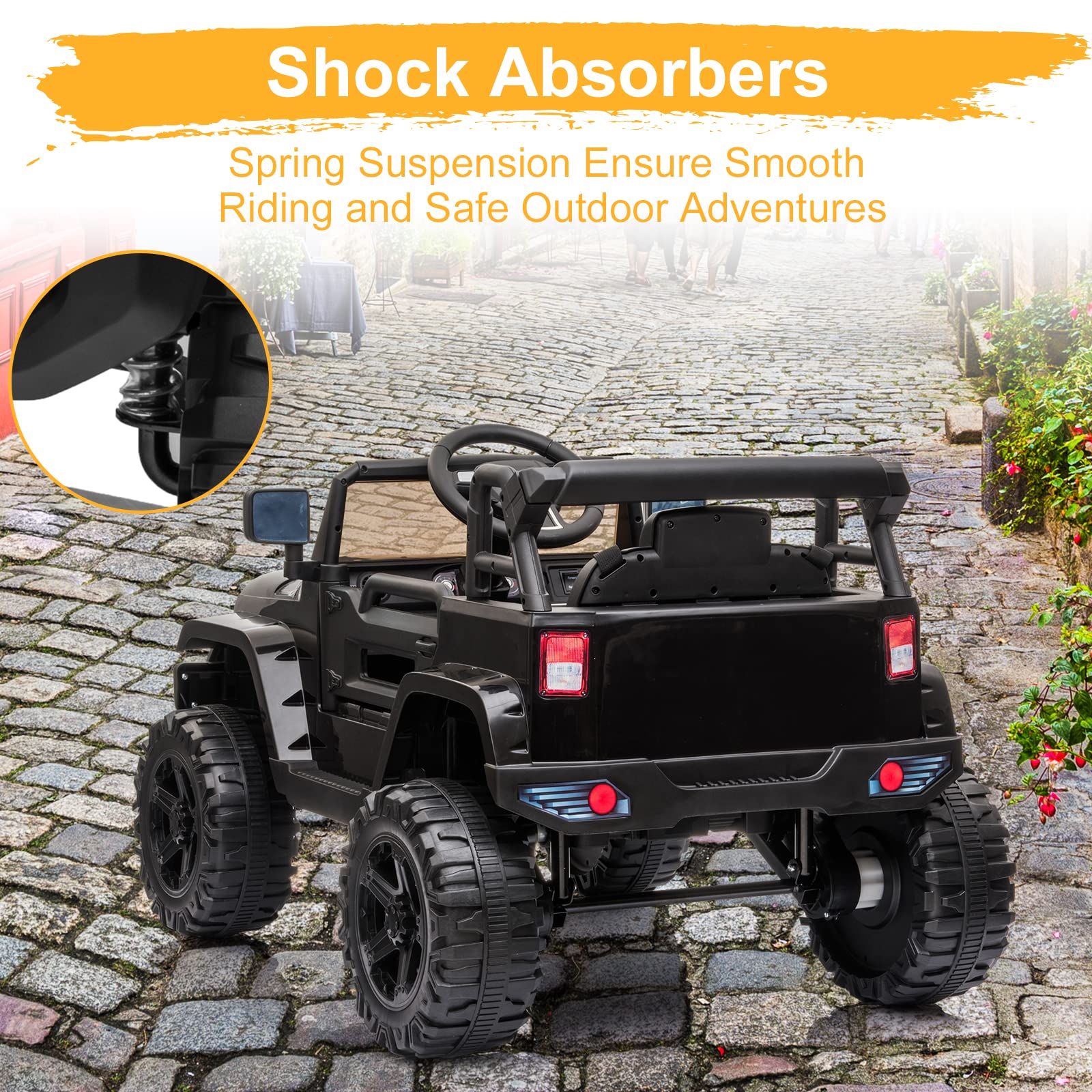 **12V Kids Electric Ride-On Truck with 2.4G Remote Control - 3 Speeds, Spring Suspension, LED Lights, Horn & Music Player - Motorized Toy Car for Ages 3-5 - Perfect for Indoor & Outdoor Play (Black)**