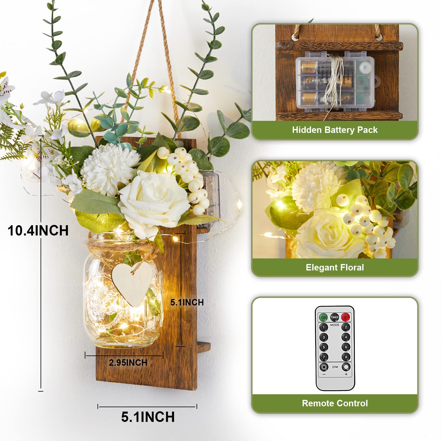 Party Joy Mason Jar Sconces Set of 2 - Rustic Wall Decor with Remote Control LED Fairy Lights & Artificial Flowers - Perfect for Bathroom, Bedroom, and Living Room Home Decor