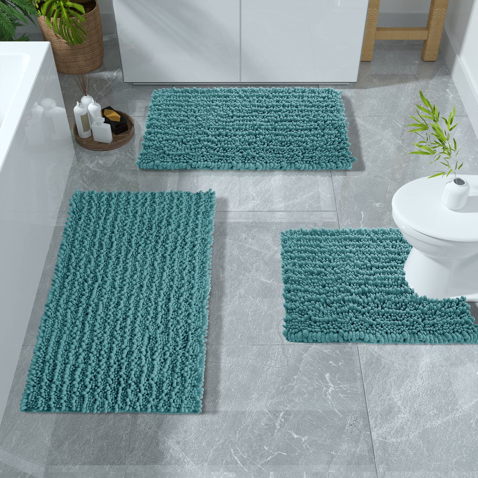 Yimobra 3-Piece Fluffy Plush Chenille Bathroom Rugs Set - Soft, Absorbent & Non-Slip Shower Mats with U-Shaped Toilet Rug for Bathroom, Sink & Laundry Room - Machine Washable Teal Blue - Perfect for Cozy Home Decor & Wet Floor Safety