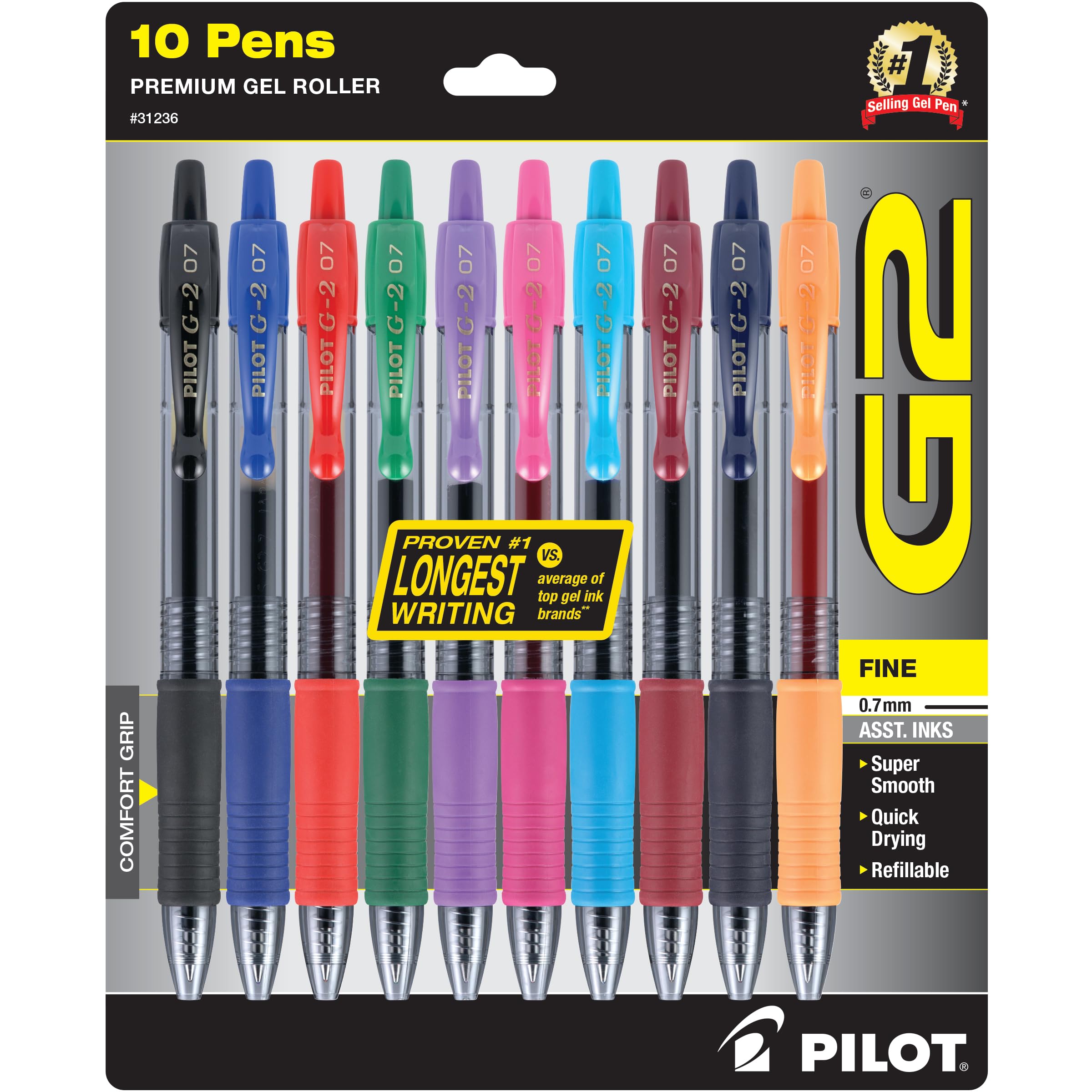 Pilot G2 Premium Gel Roller Pens - 0.7mm Fine Point, 10-Pack Assorted Colors for Office, School & Note Taking