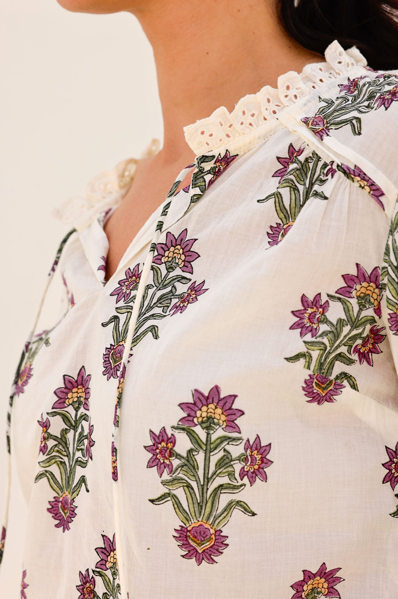 Rosie Organic Cotton Block Print Blouse - Vintage Wildflower Print in Cream, Red & Green | Boho Chic Top for Women | Perfect for Summer Outfits, Beach Vacations & Casual Wear