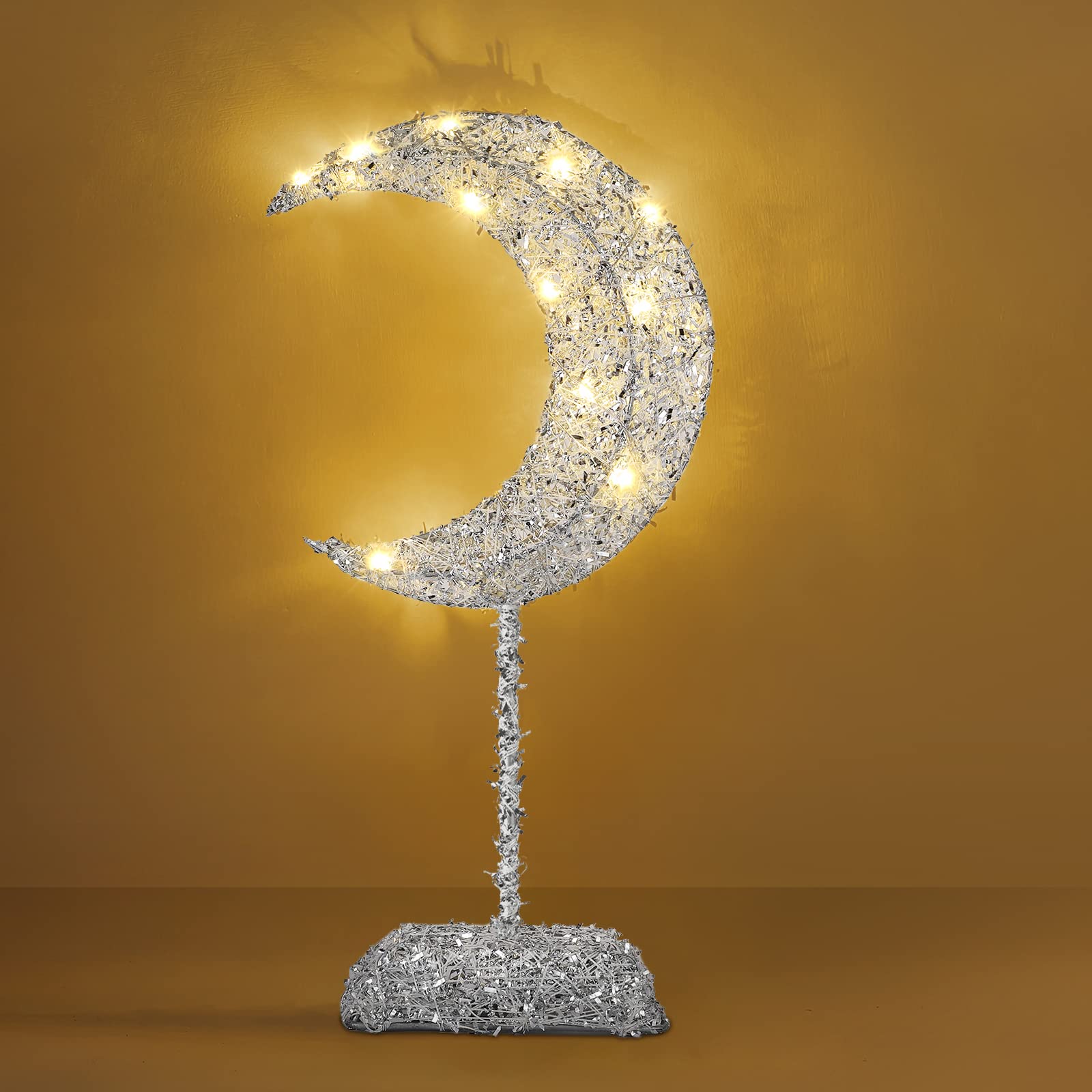 Lewondr Decorative Moon Table Lamp - Battery Powered LED Desk Light with Warm White Glow, Winding Iron Frame for Ramadan, Christmas & Home Decor - Perfect for Bedroom, Nightstand & Romantic Ambiance (Silver)