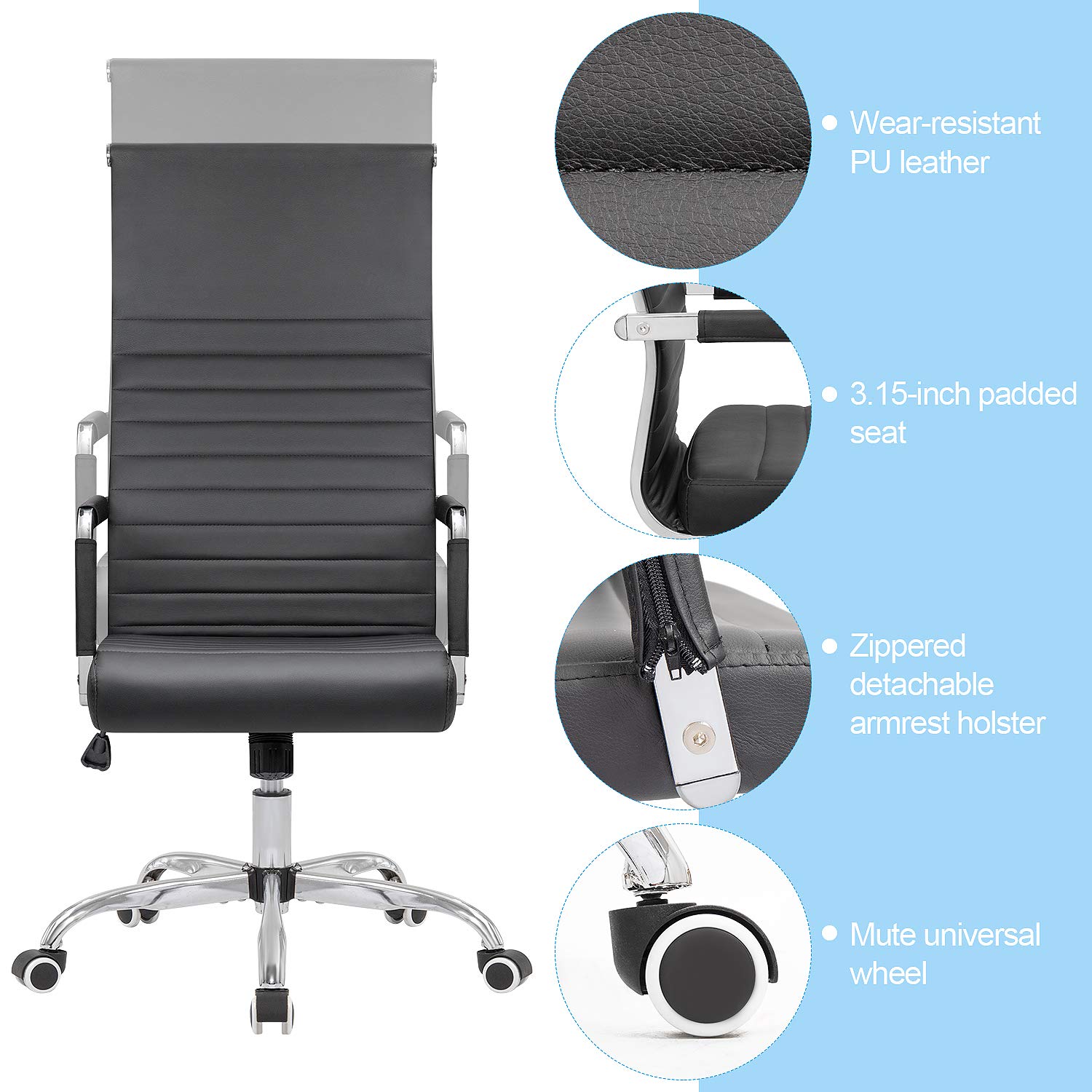 Ergonomic High Back Ribbed Office Chair - Adjustable PU Leather Desk Chair with Armrests, Swivel & Tilt Function for Home Office, Conference Room, Study or Leisure (Black) - Perfect for Long Work Sessions, Gaming & Remote Work